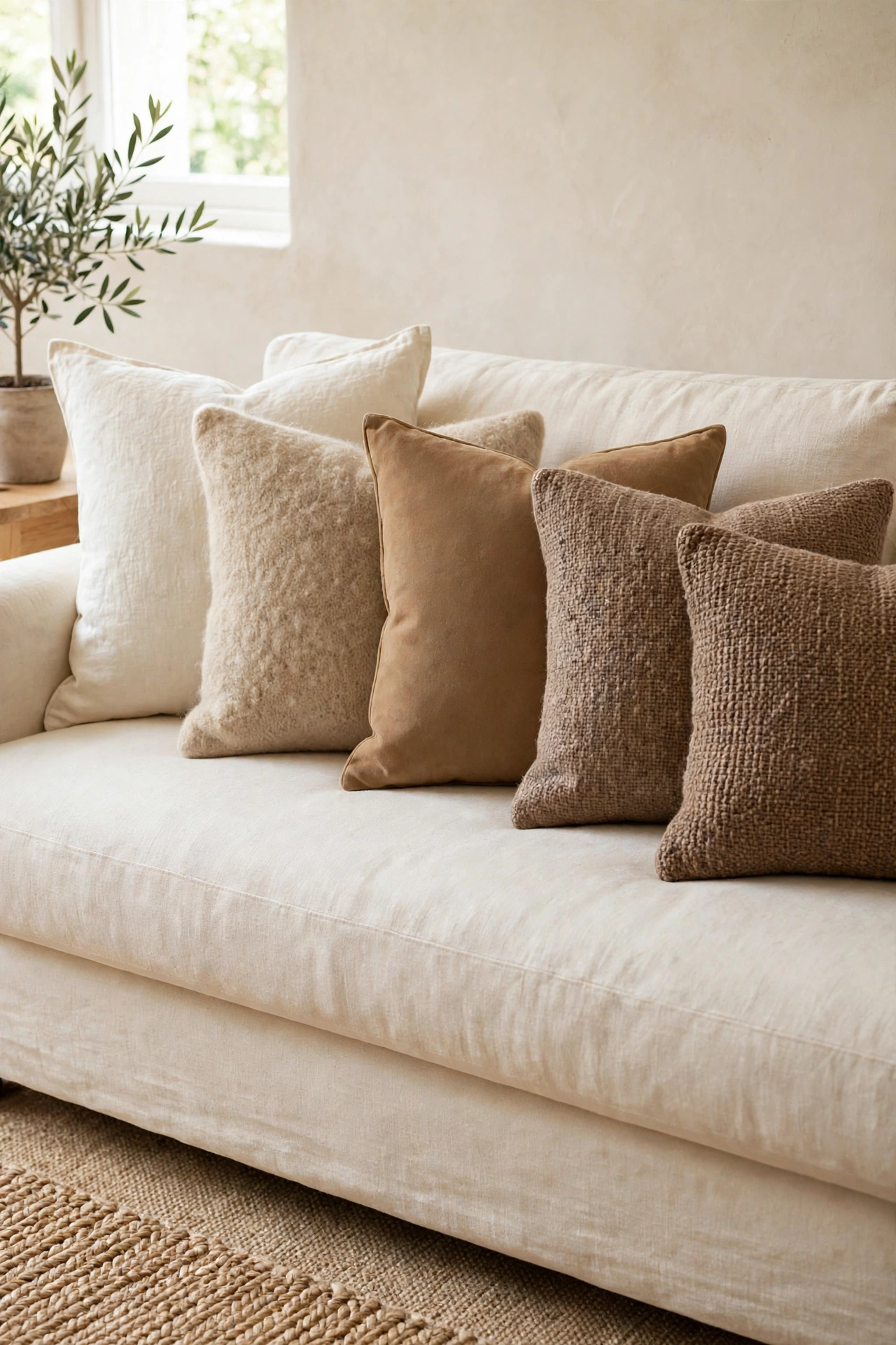 Neutral pillow mix in ivory linen, beige wool, camel, and soft brown on a cream sofa
