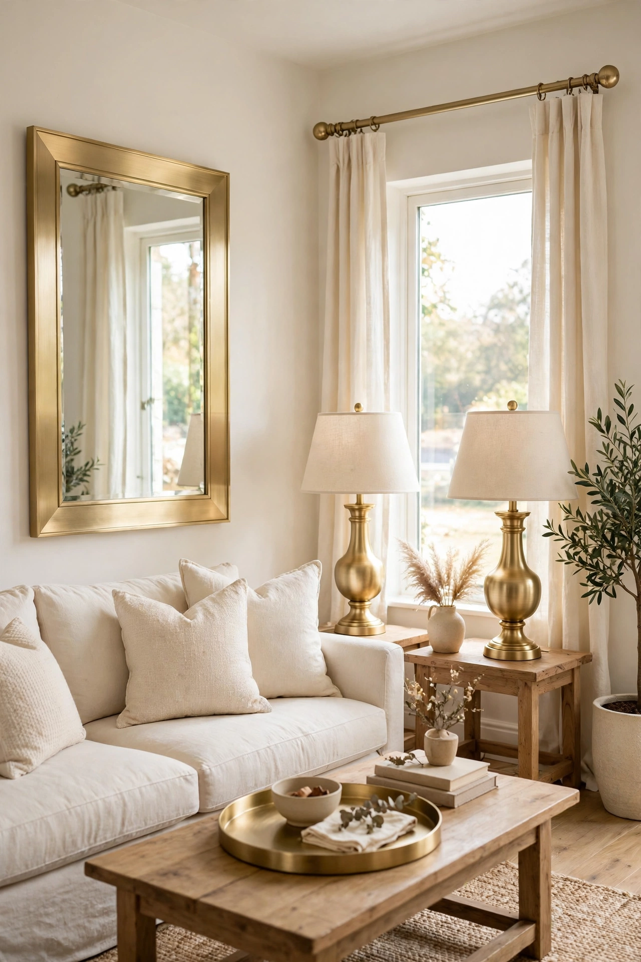 Brushed gold accents repeated in a mirror frame, lamp bases, and a tray in one living room