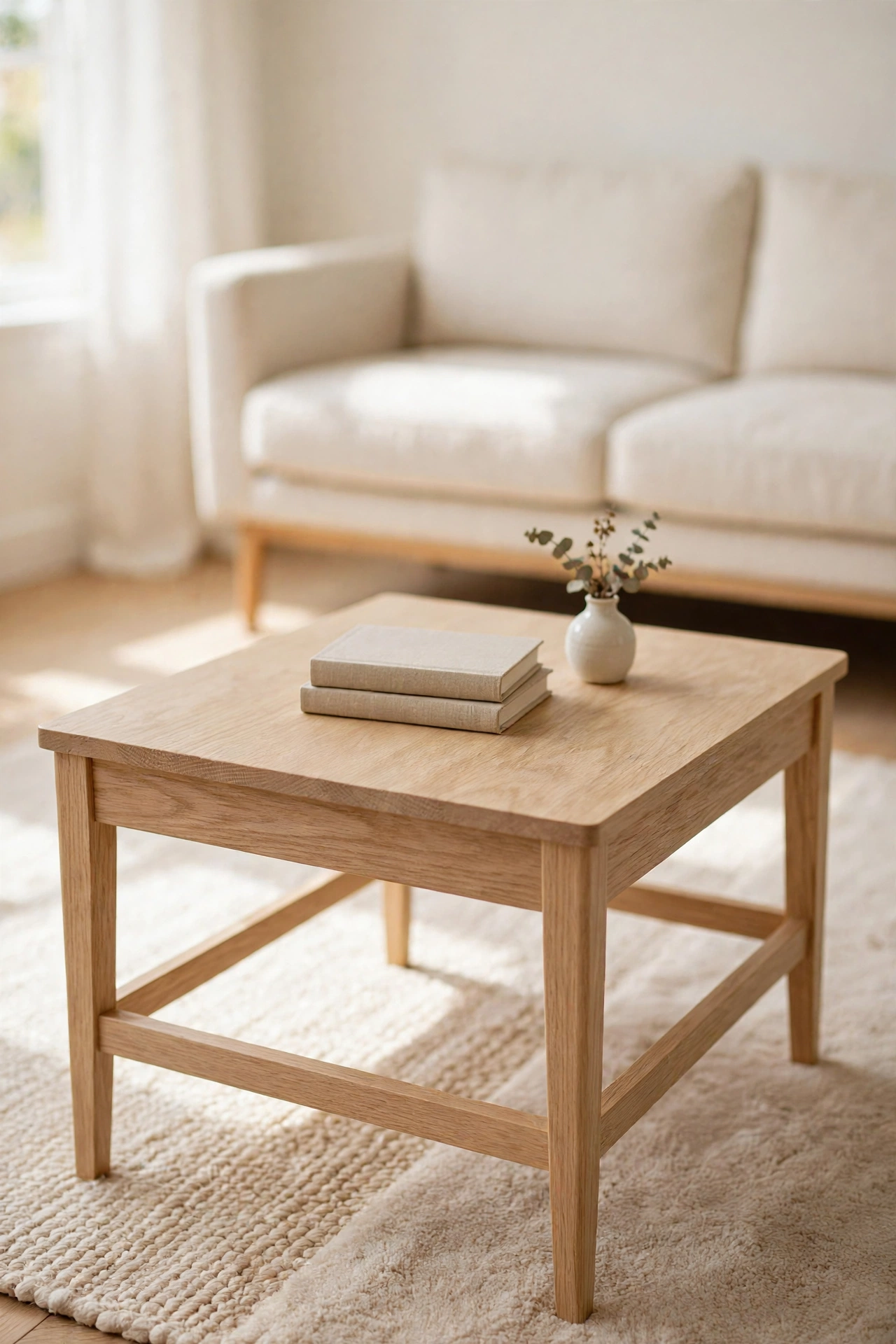 Pale oak coffee table with open shelf legs showing the rug beneath in a small living room