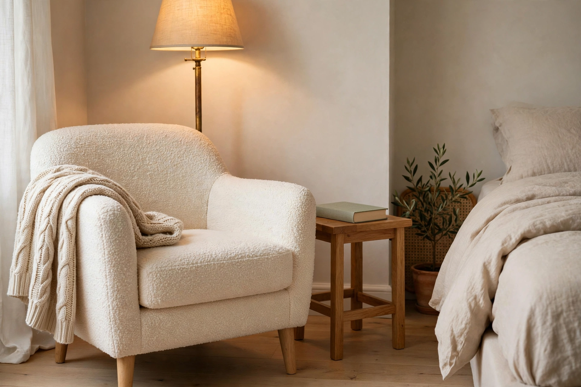 Cream armchair with a knit throw and cushion in a bedroom corner beside a small table and a warm floor lamp