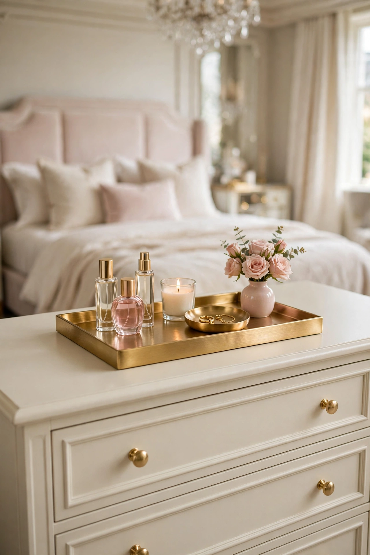 Brushed gold tray on a cream dresser holding a perfume group, a small candle, and a tiny blush flower vase