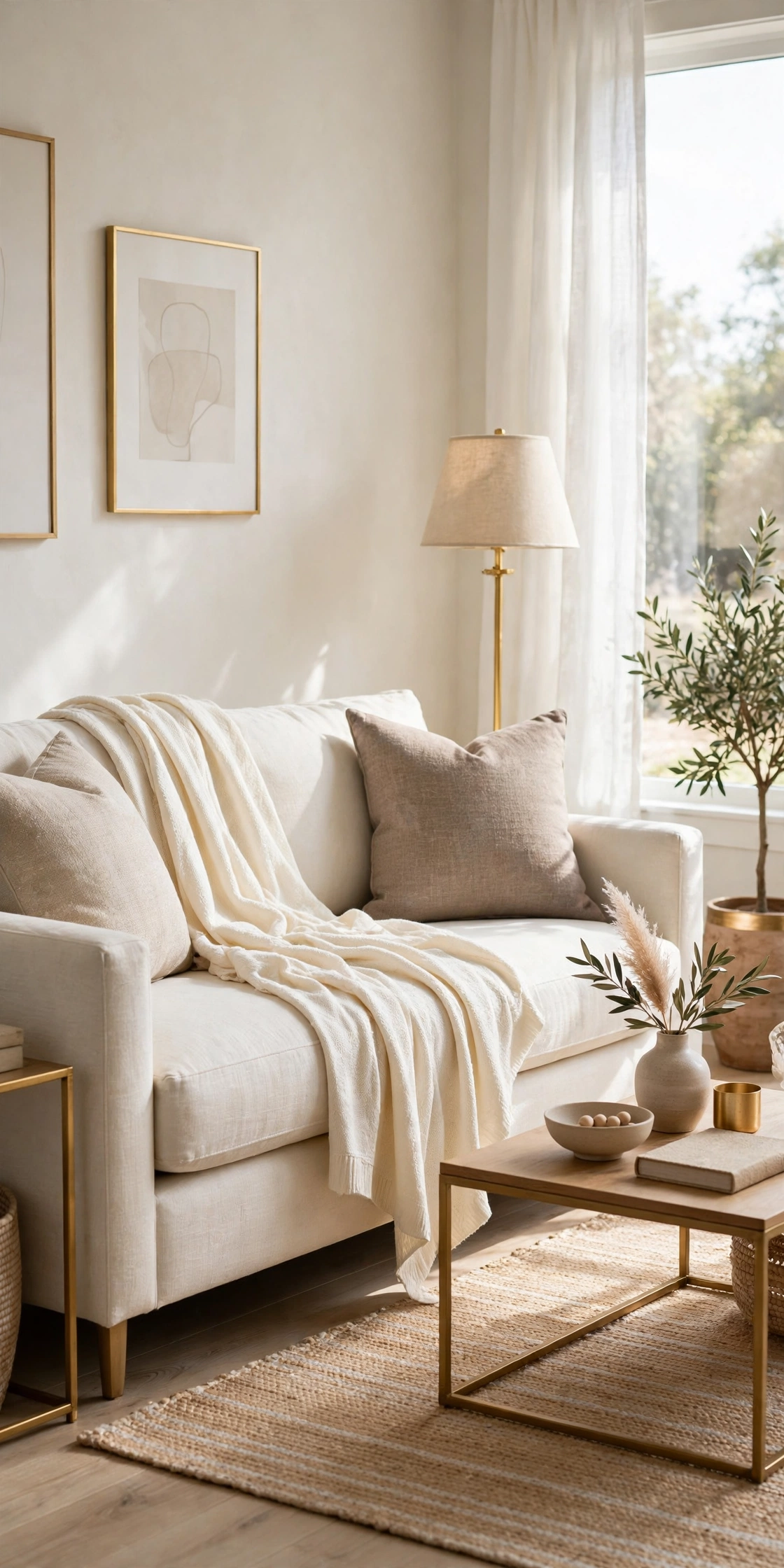 Ivory throw draped over one sofa arm in soft thirds, not folded into a square