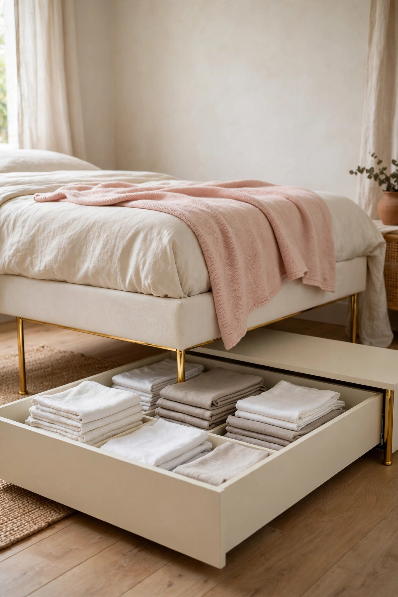 Low cream storage drawers sliding out from under a raised bed in a small glam bedroom, holding folded linens