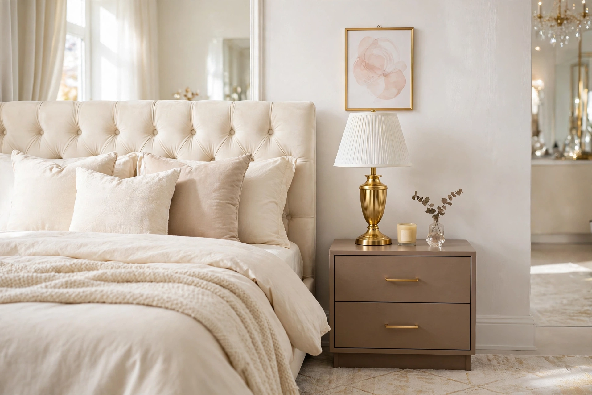 Small framed artwork in a thin gold frame hanging above a nightstand between the lamp and the bed