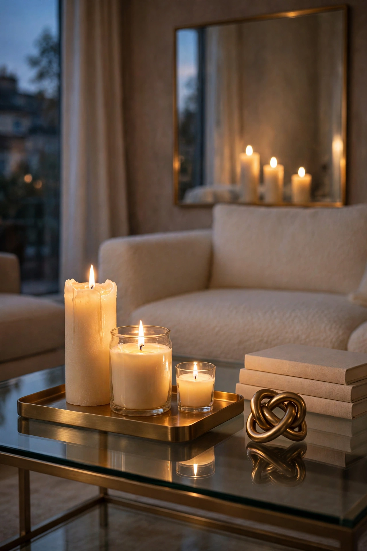 Cluster of cream candles at three heights on a gold tray glowing on a coffee table at dusk