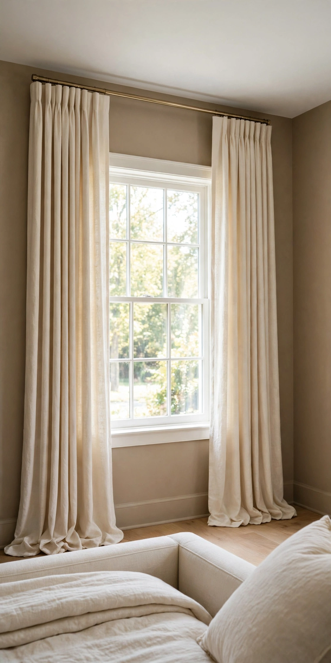 Cream curtains hung high above the window and falling to the floor on both sides of a glam bedroom window