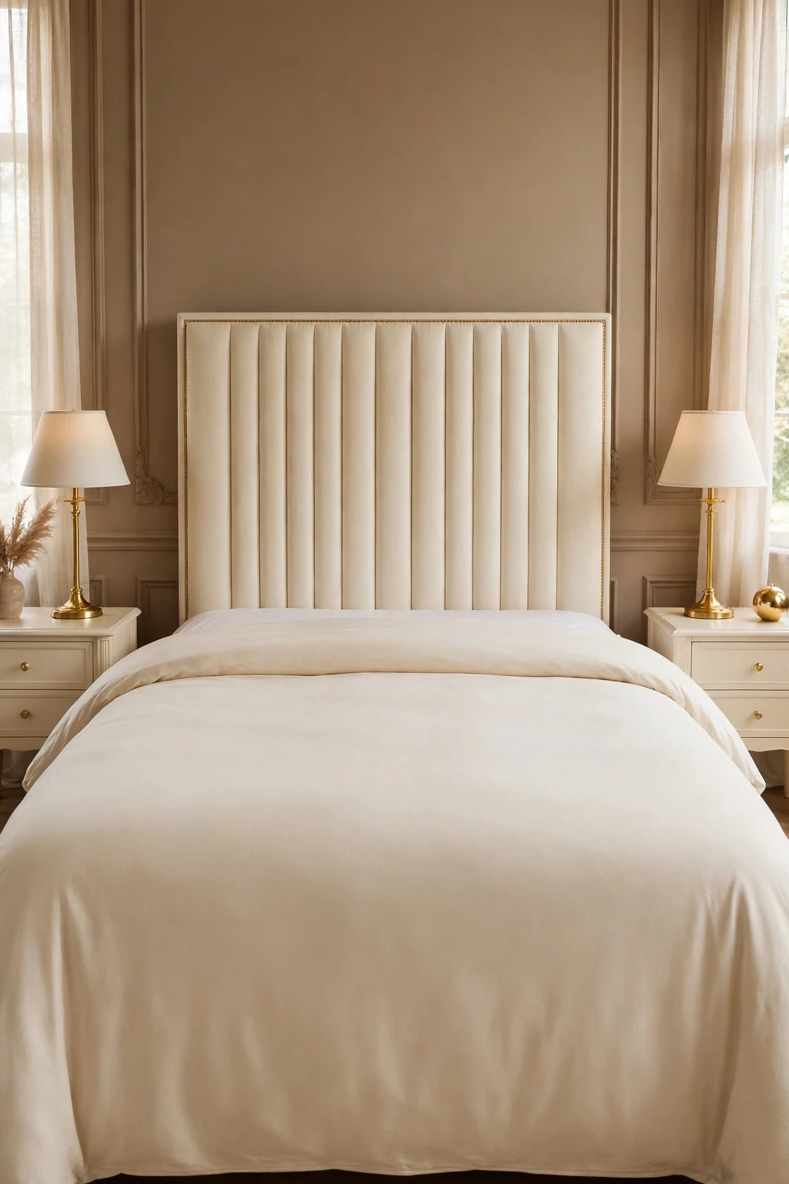 White duvet in its cover spread evenly across the bed with equal overhang on both sides