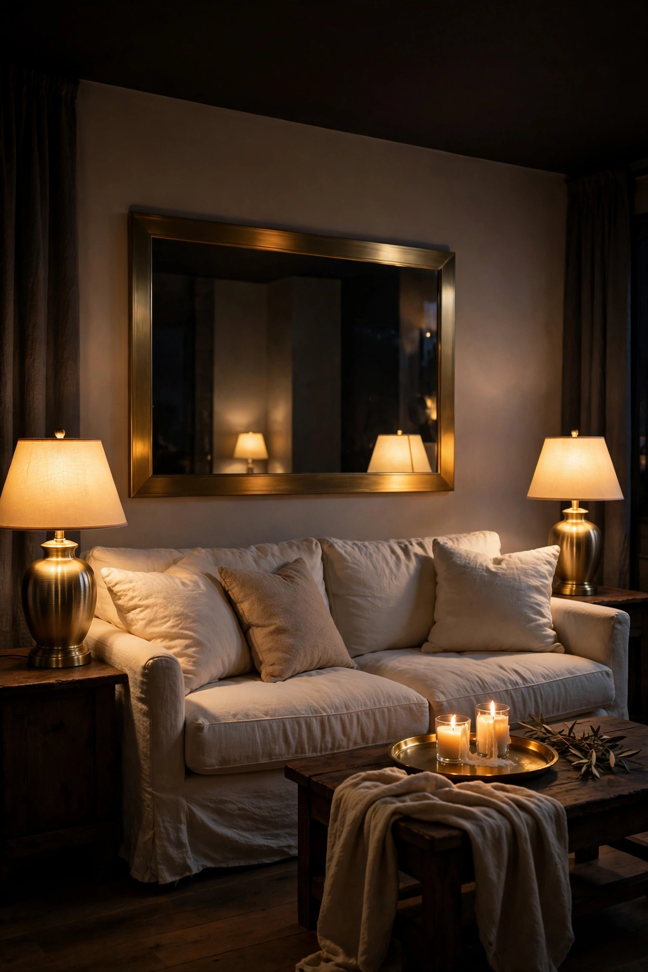 Living room in warm evening lamp light with matching lamps and candles on the coffee table