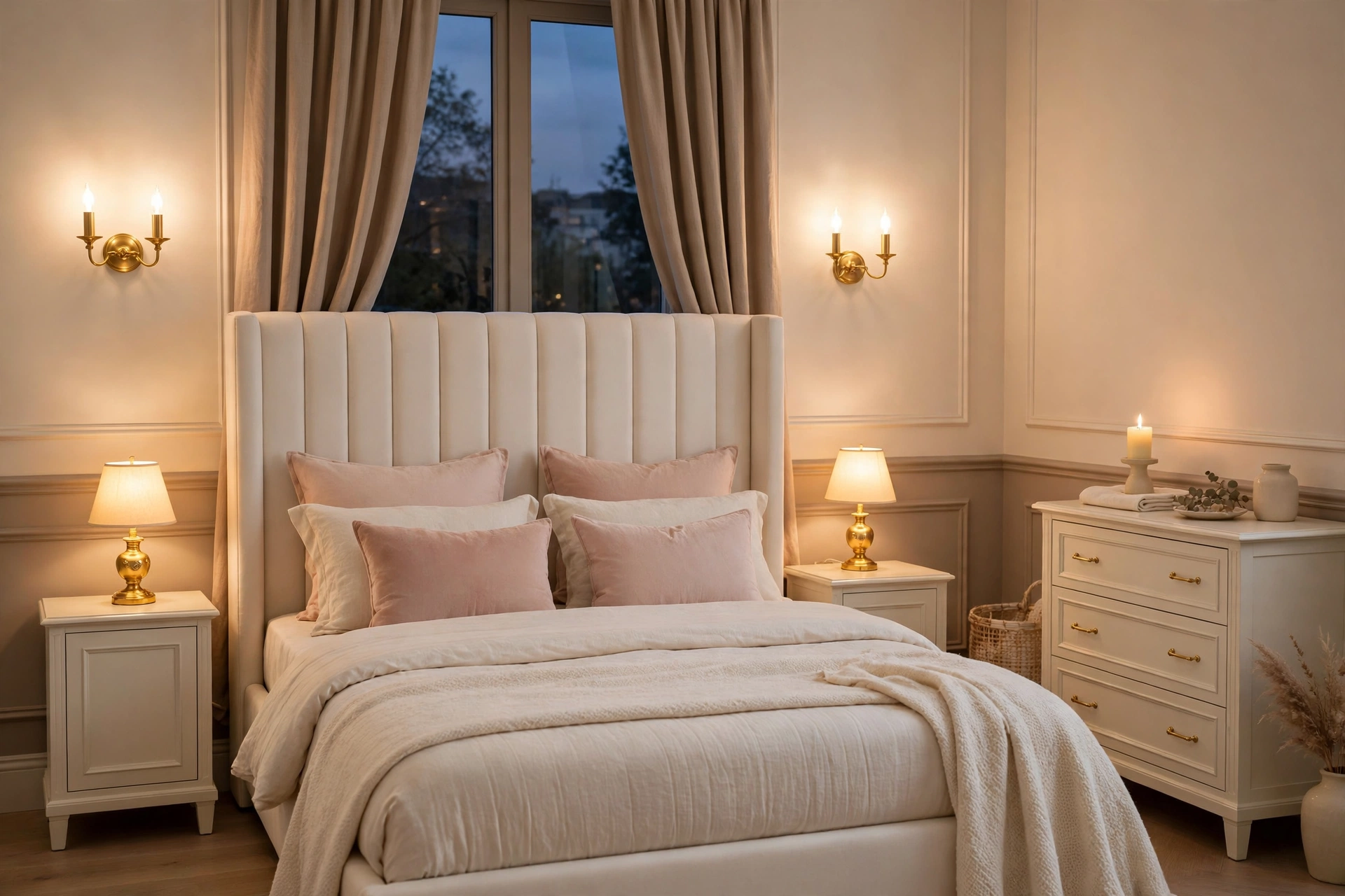 Warm layered lighting from gold sconces, lamps, and a candle in a calm luxury bedroom at evening