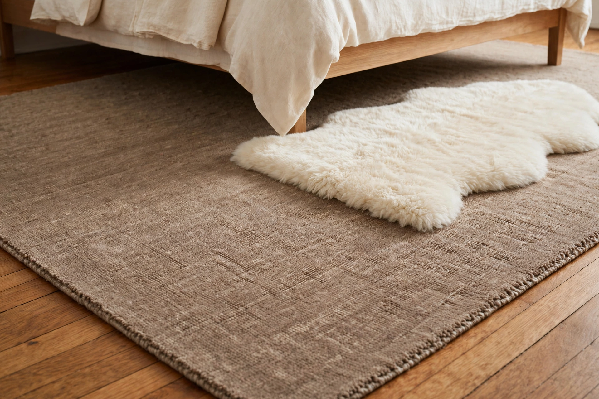 Large warm taupe rug under a cream bed with a smaller plush cream rug layered over it at the side