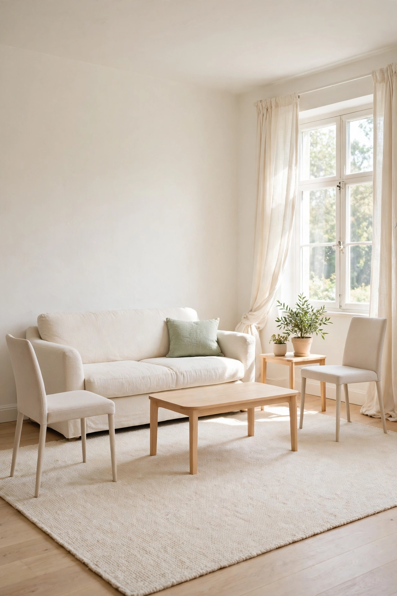 Small living room with sofa, chairs, and rug all in cream and soft beige tones