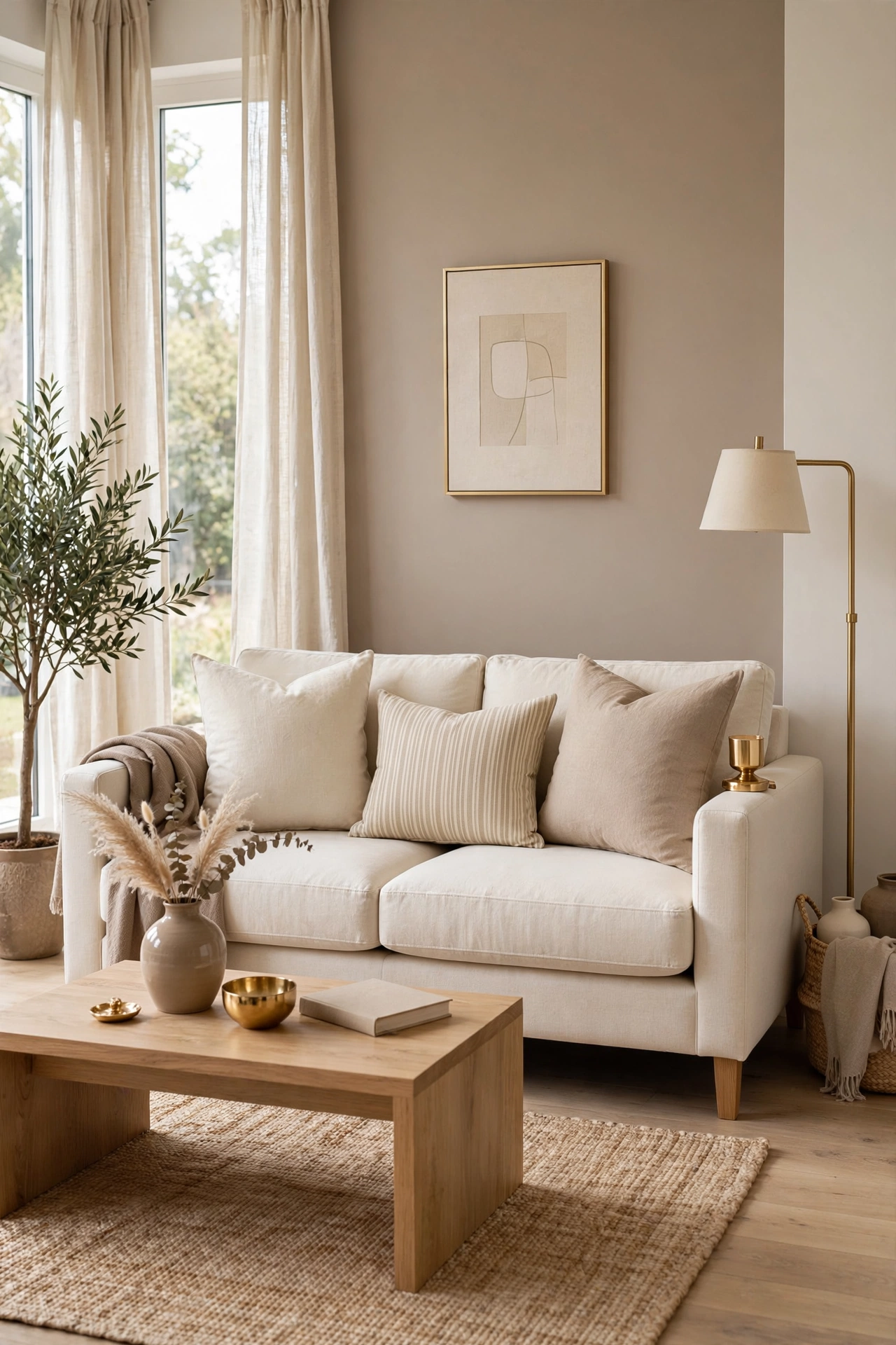 Solid cream and beige cushions with one tone-on-tone striped cushion as the only pattern on the sofa