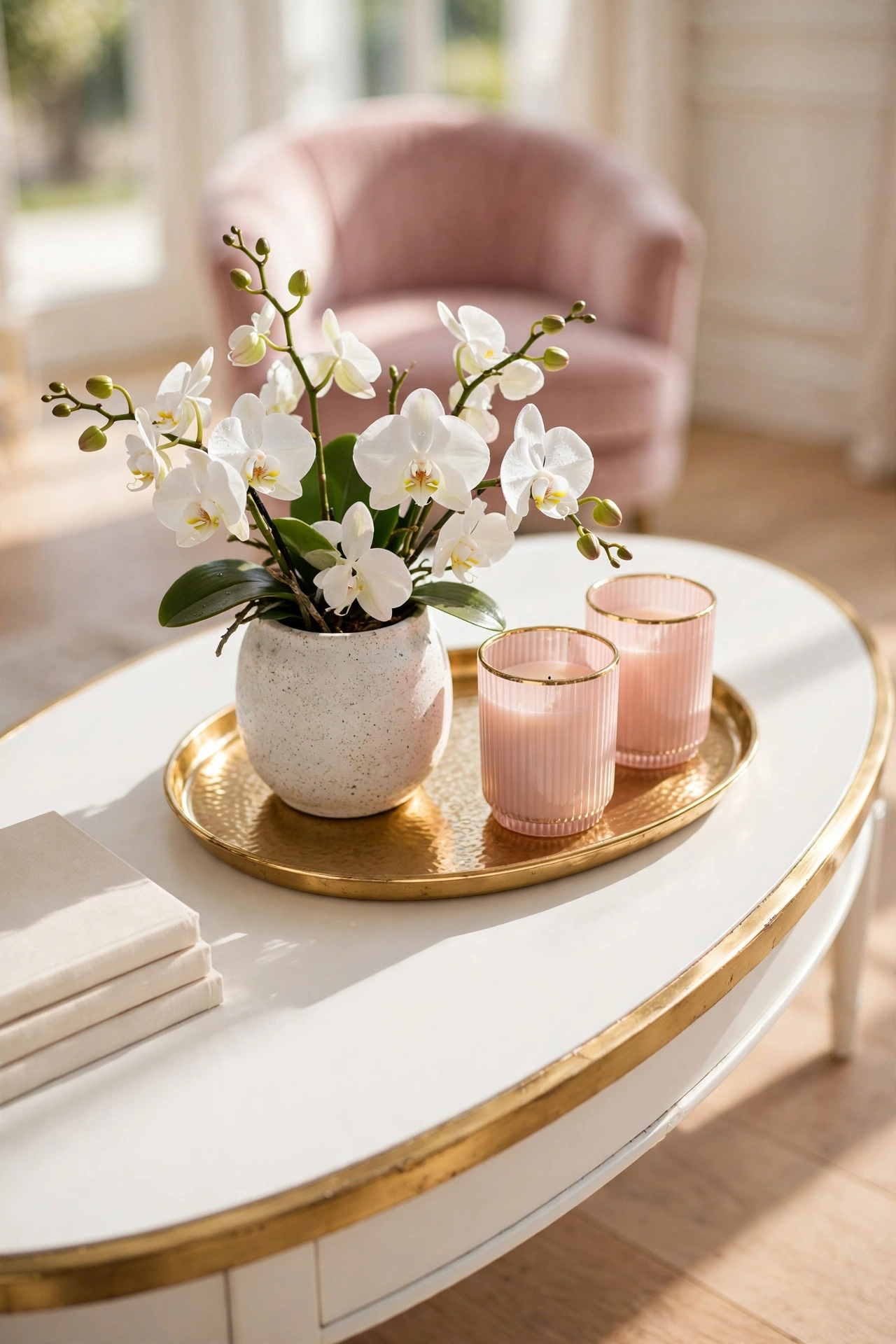 Gold tray on a white and gold coffee table holding a white orchid