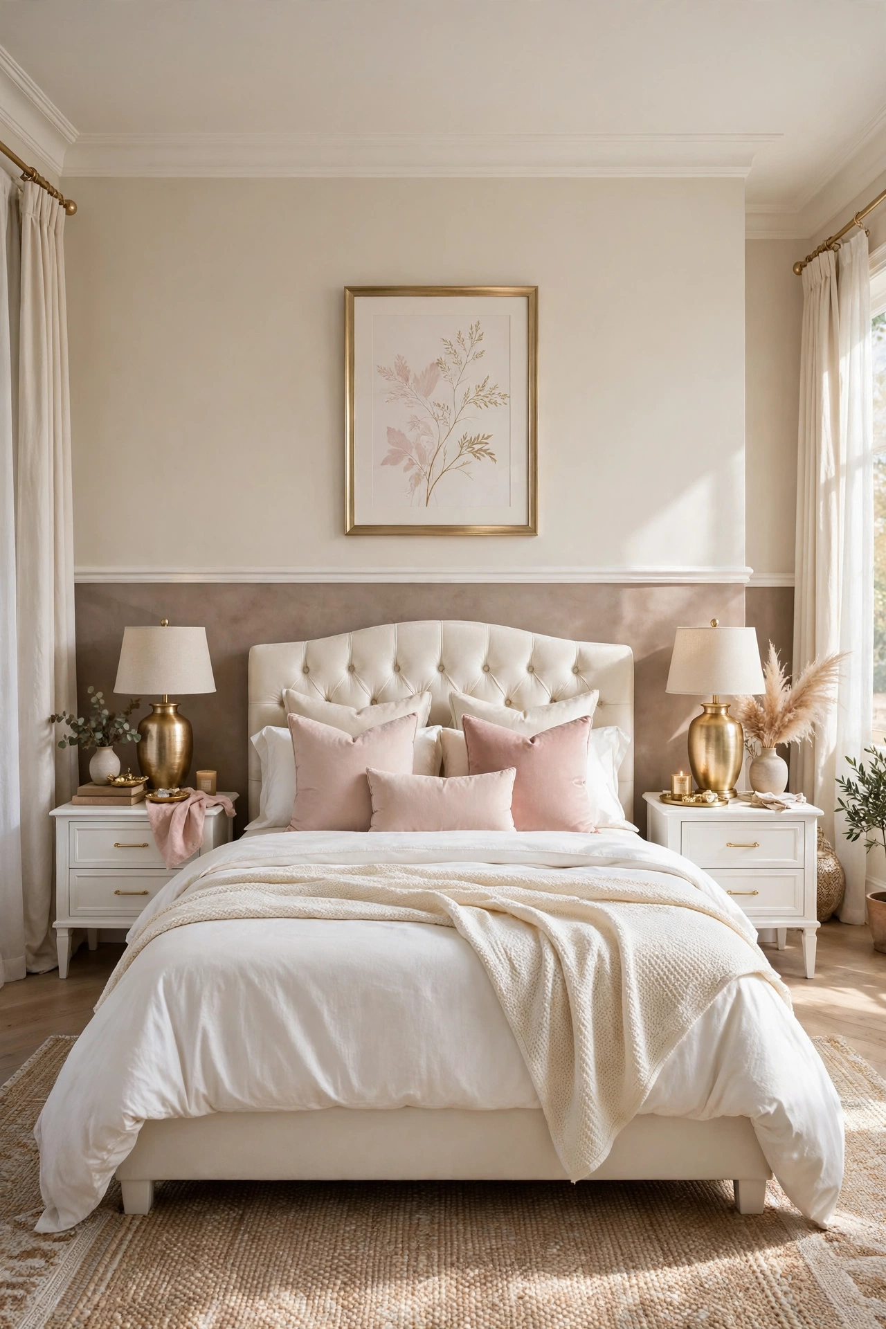 Two tone bedroom wall with warm taupe below a picture rail and cream above, behind an ivory bed