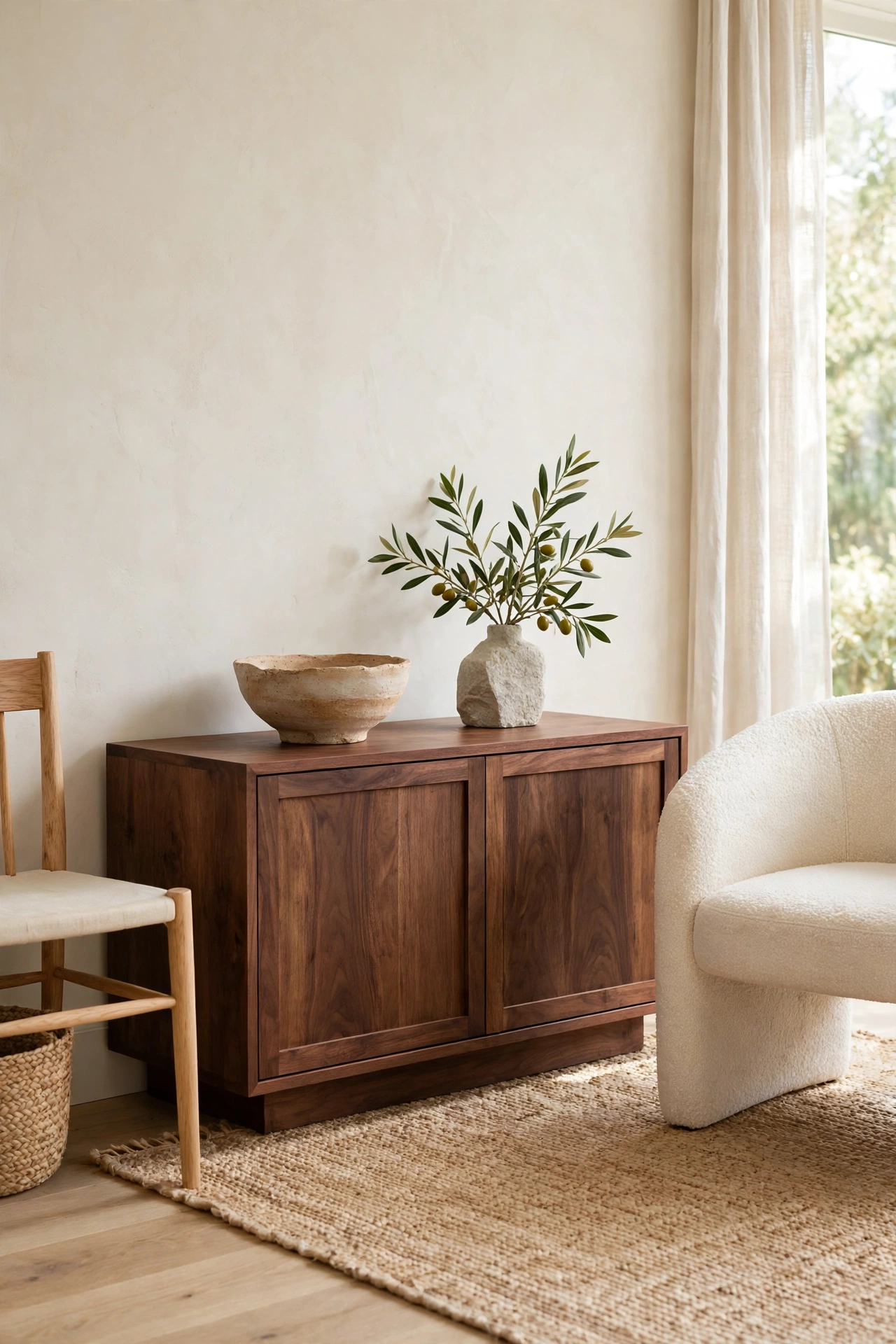 Walnut wood sideboard and bowl adding deep warm tone beside natural oak furniture
