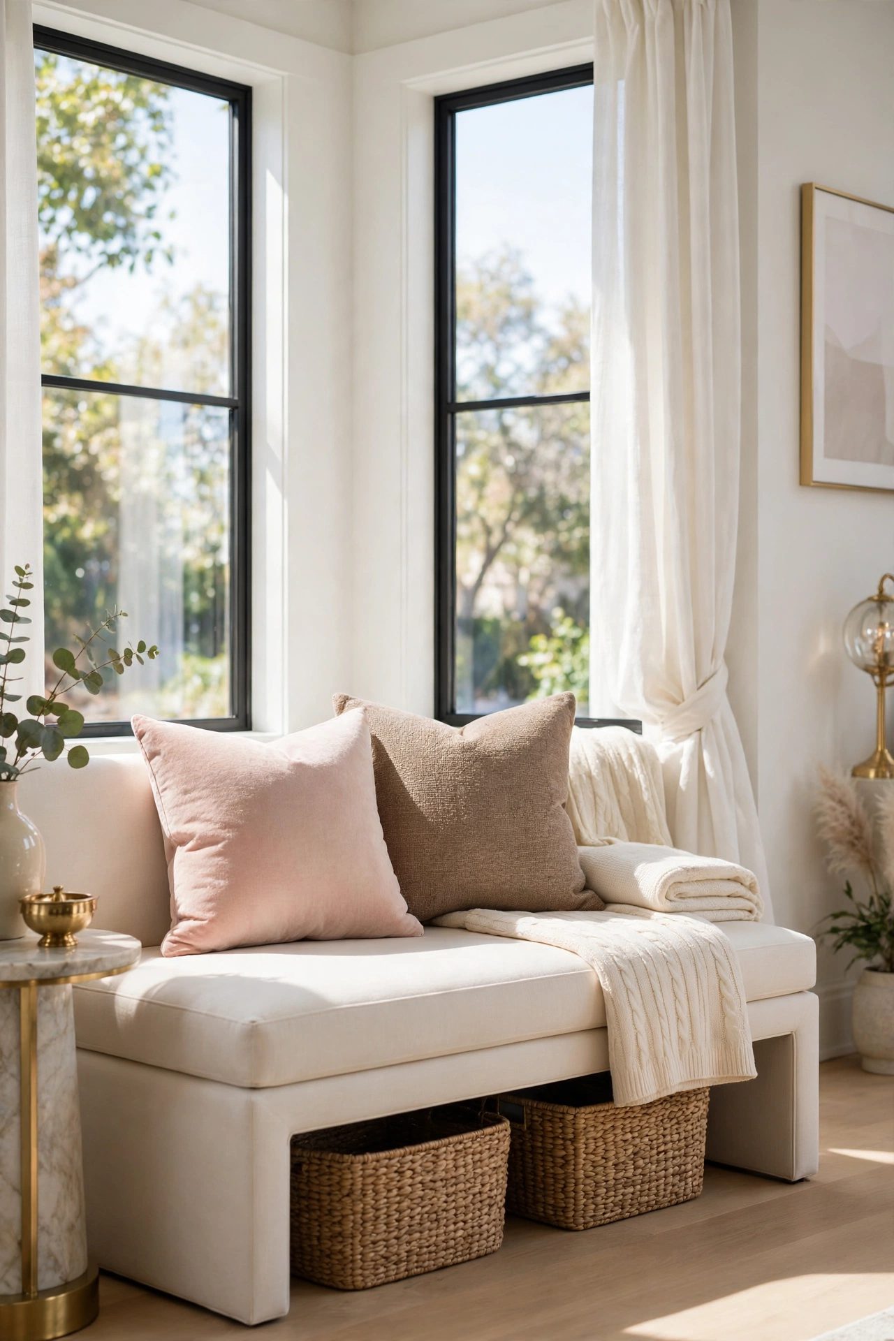 Low cream upholstered bench under corner windows in a bright living room with blush cushions, a folded throw, and baskets stored beneath