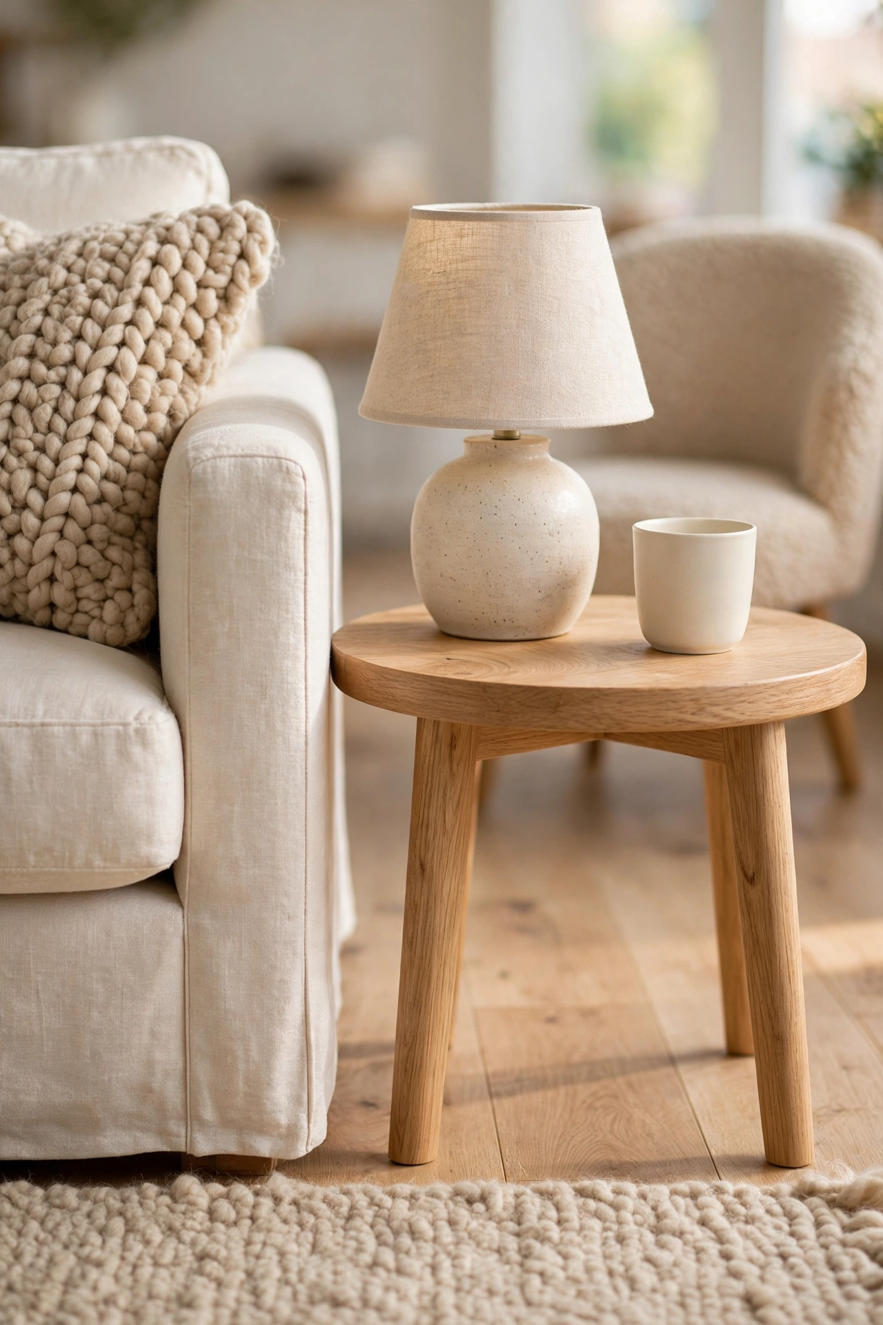 Light wood side table beside a cream sofa holding a small lamp and a ceramic cup