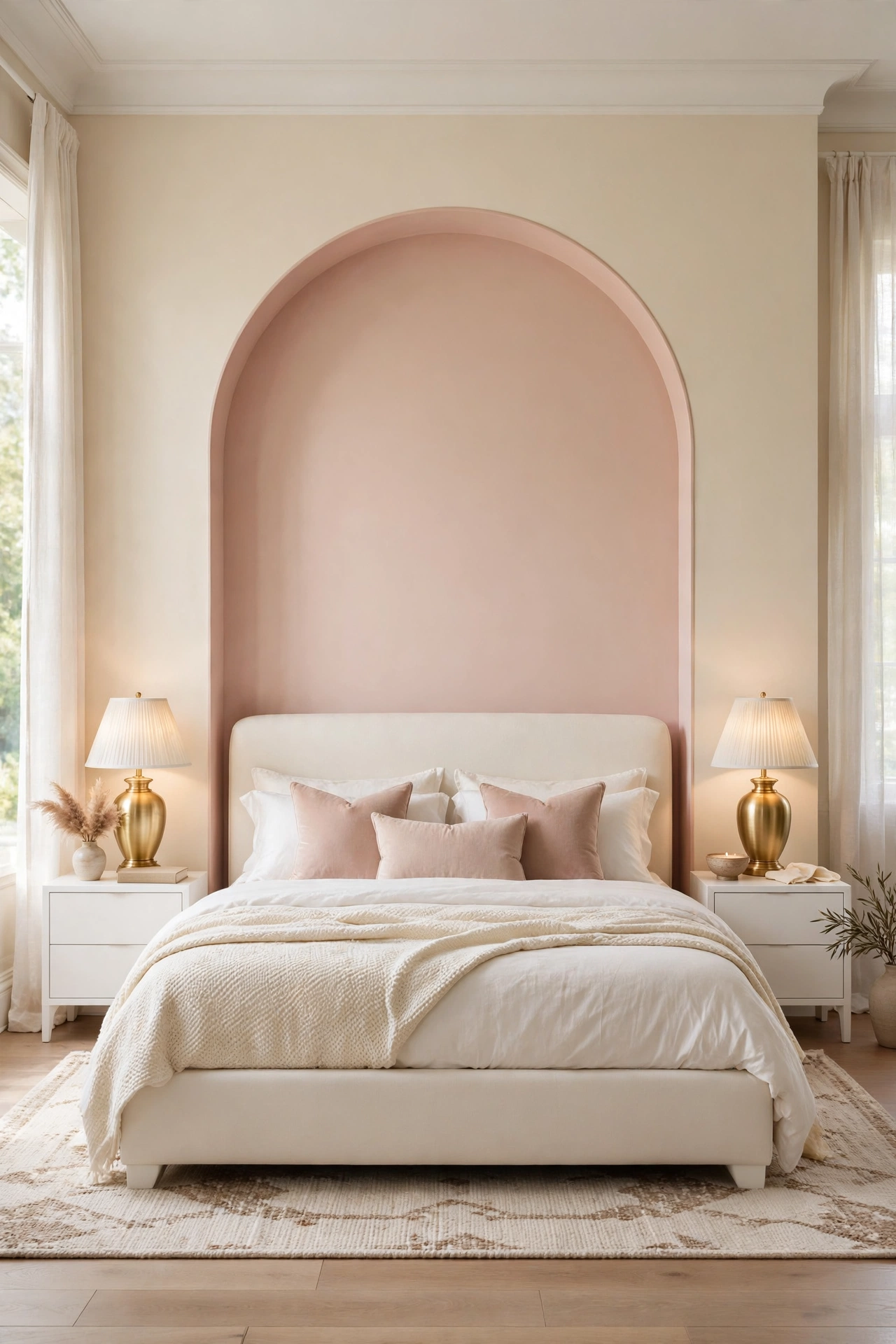 Blush painted arch inset on a cream wall framing an ivory bed with gold lamps