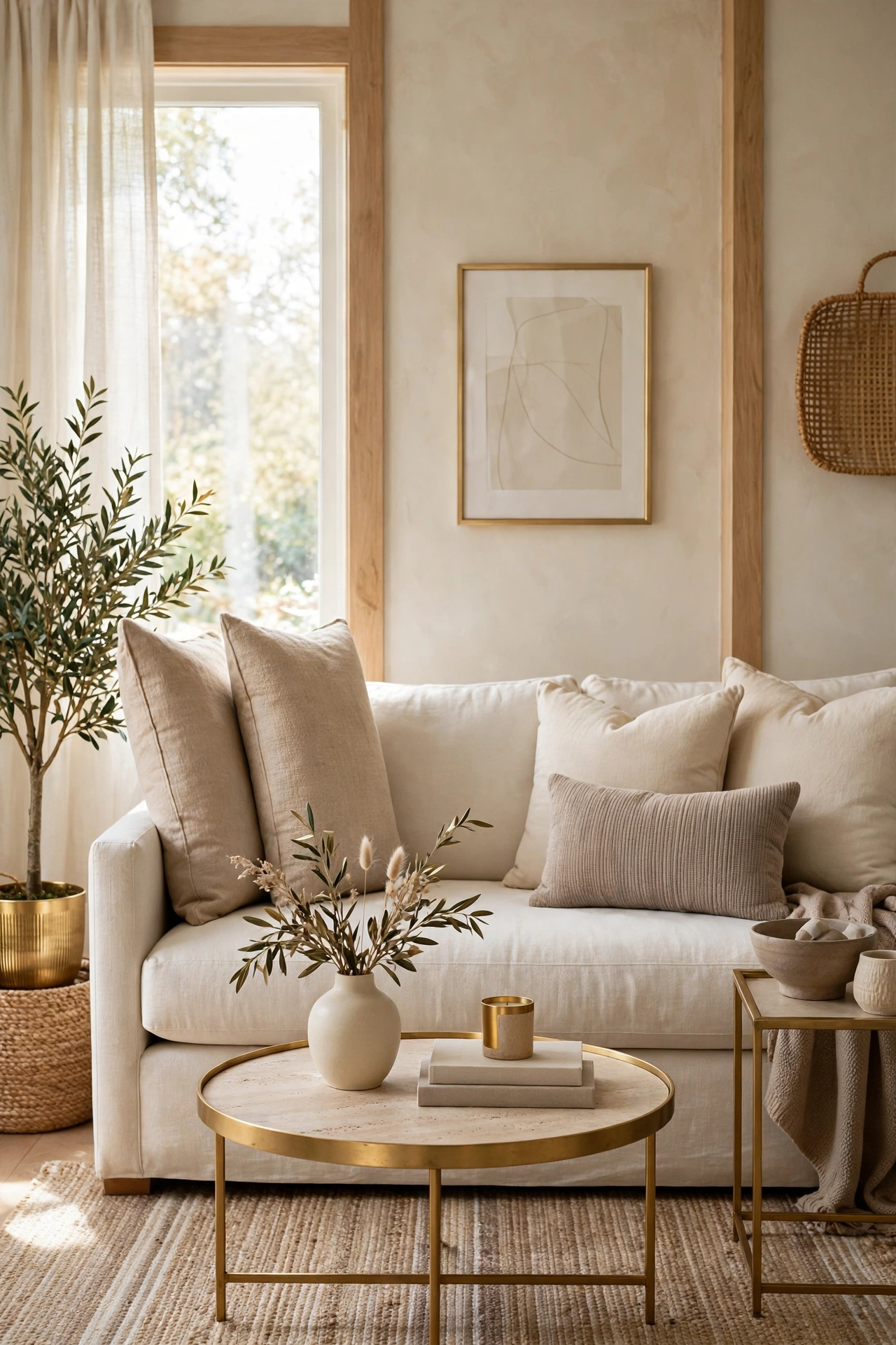 Sofa with balanced but not identical cushion groups on each side, taller on one side and softer on the other