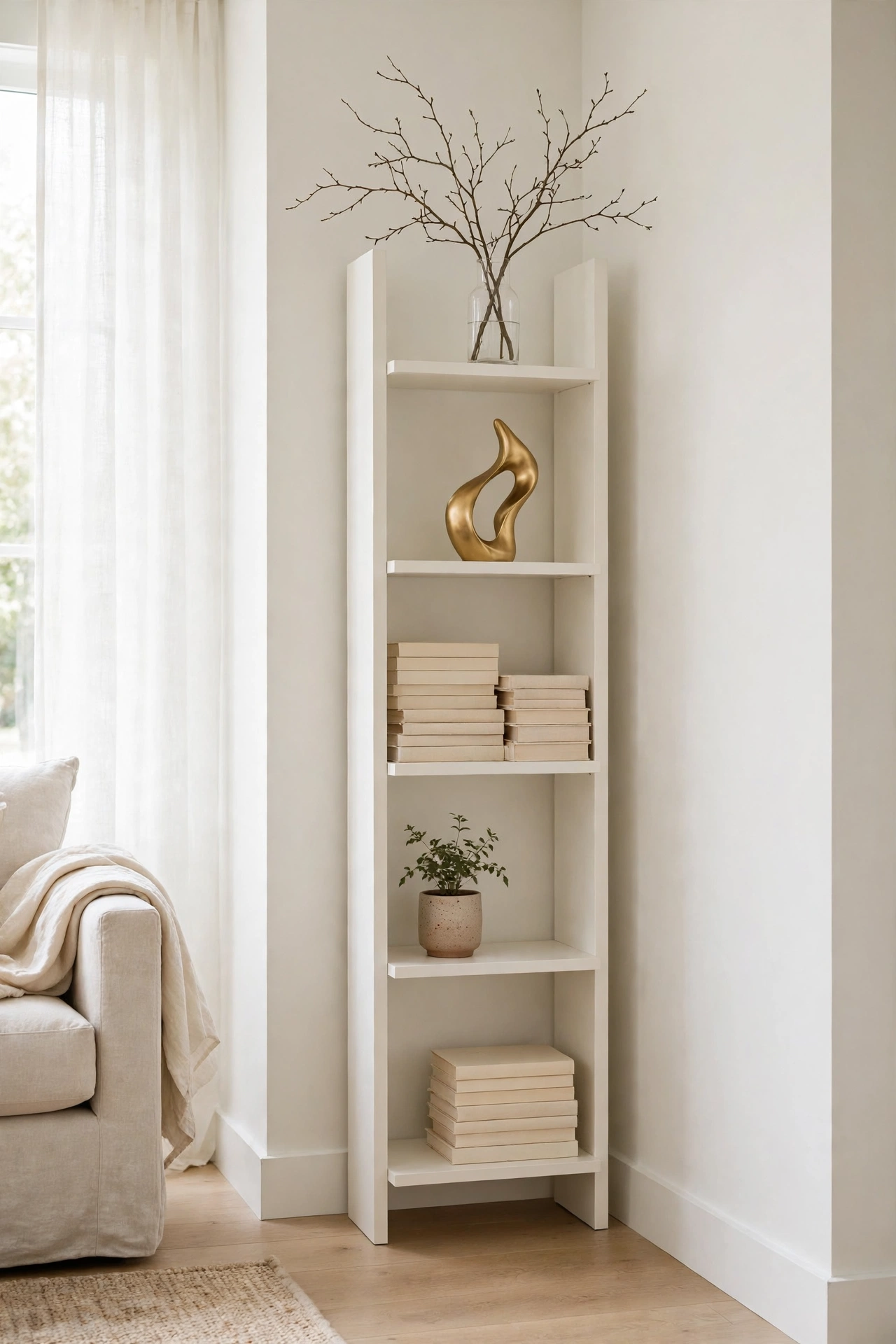 Slim tall bookshelf in warm white fitted into a living room corner, styled with cream books, gold objects, a small plant, and a vase