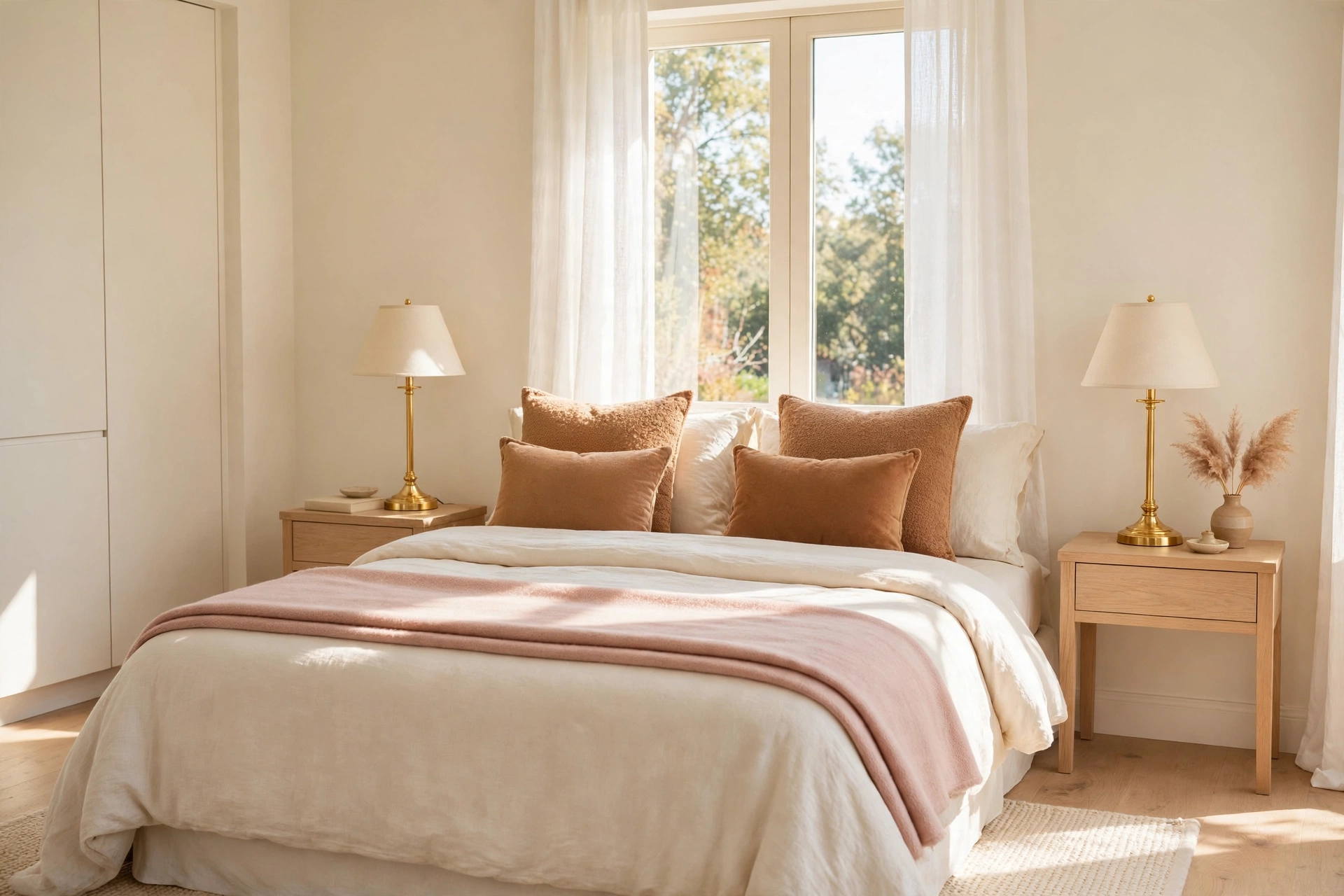 Cream bedroom warmed with caramel cushions, a blush throw, and gold accents on the bedside lamps
