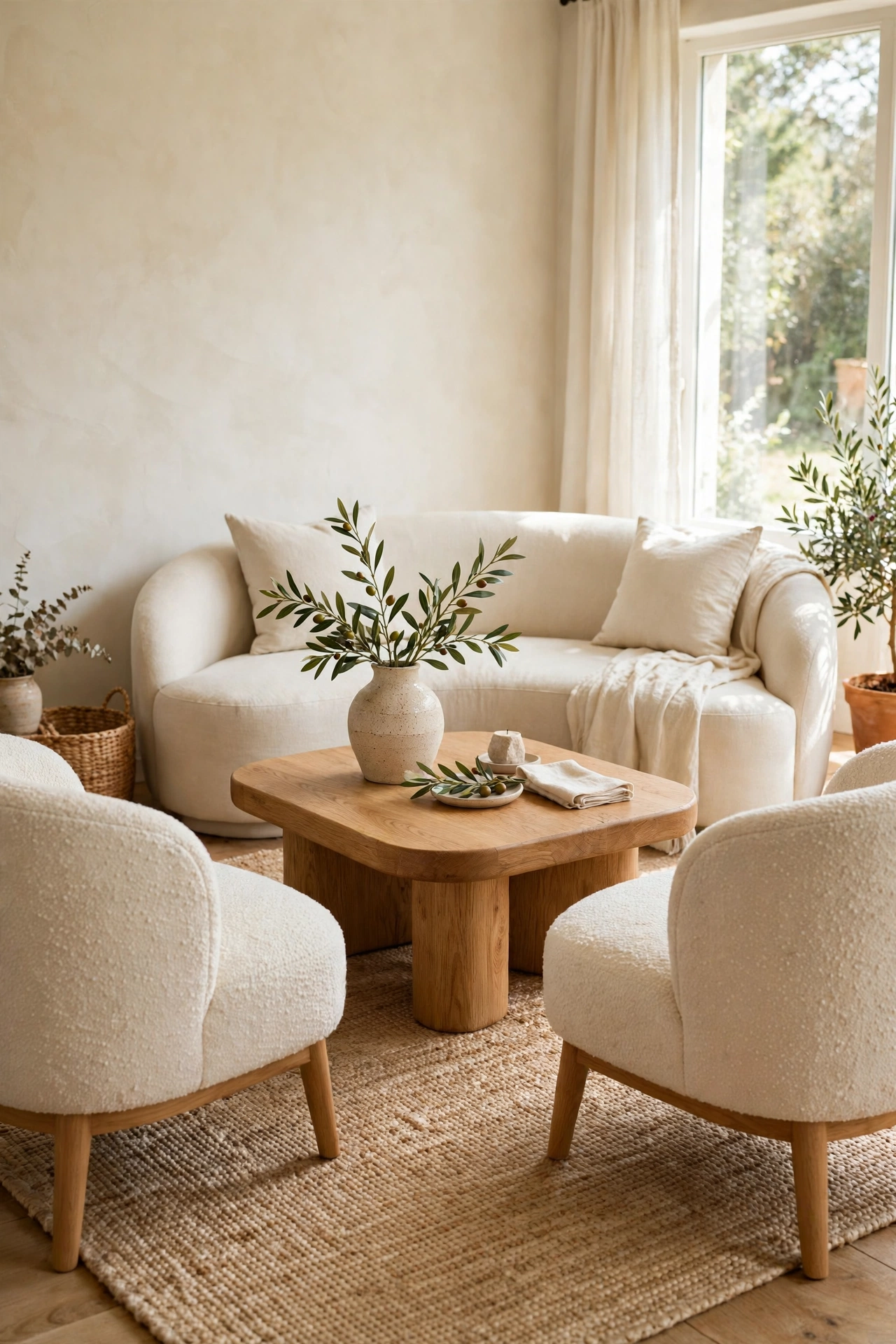 Two boucle accent chairs with curved backs around an oak coffee table in a modern organic living room