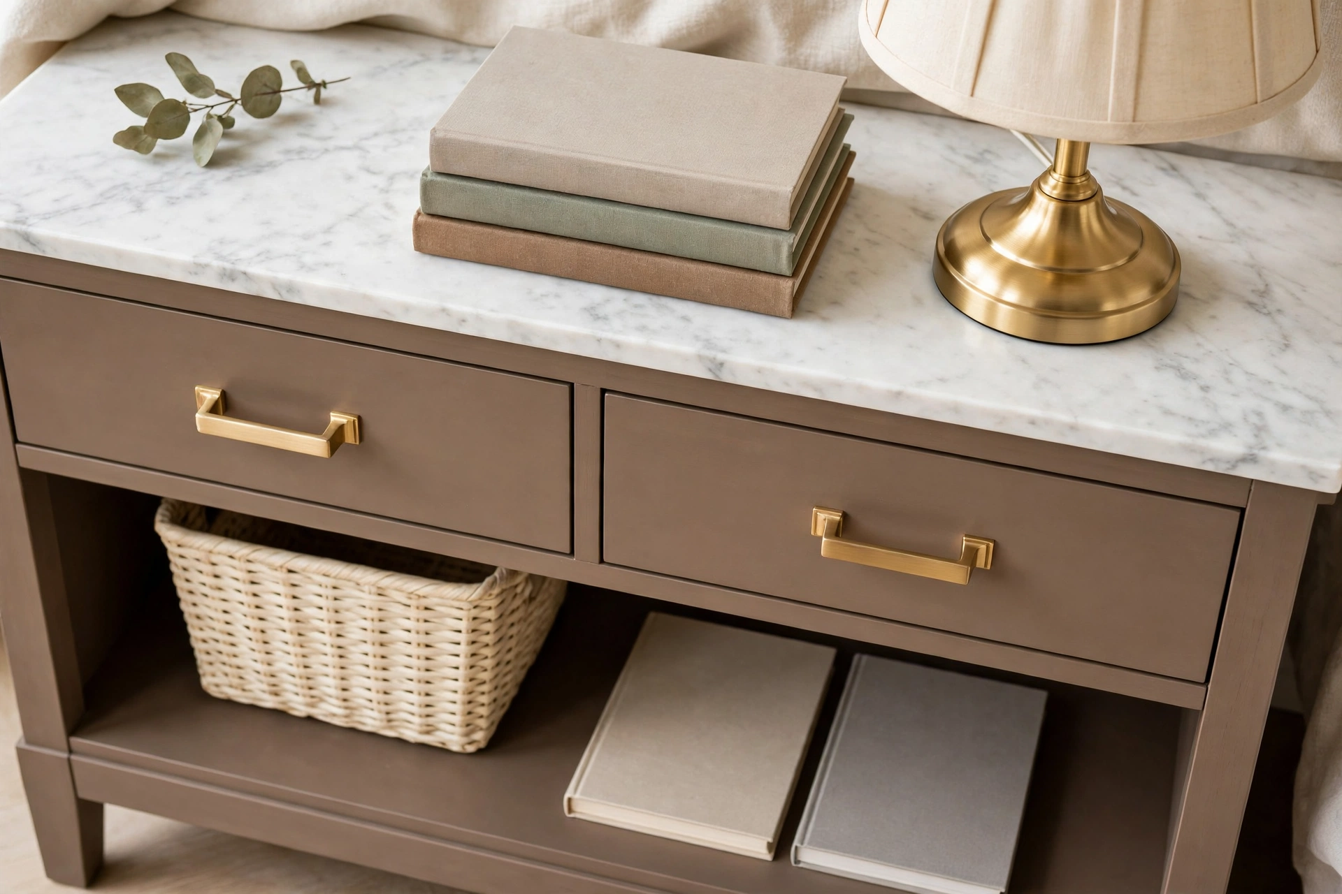 Nightstand with a styled open lower shelf holding a woven basket and plain books, drawer with gold handles above