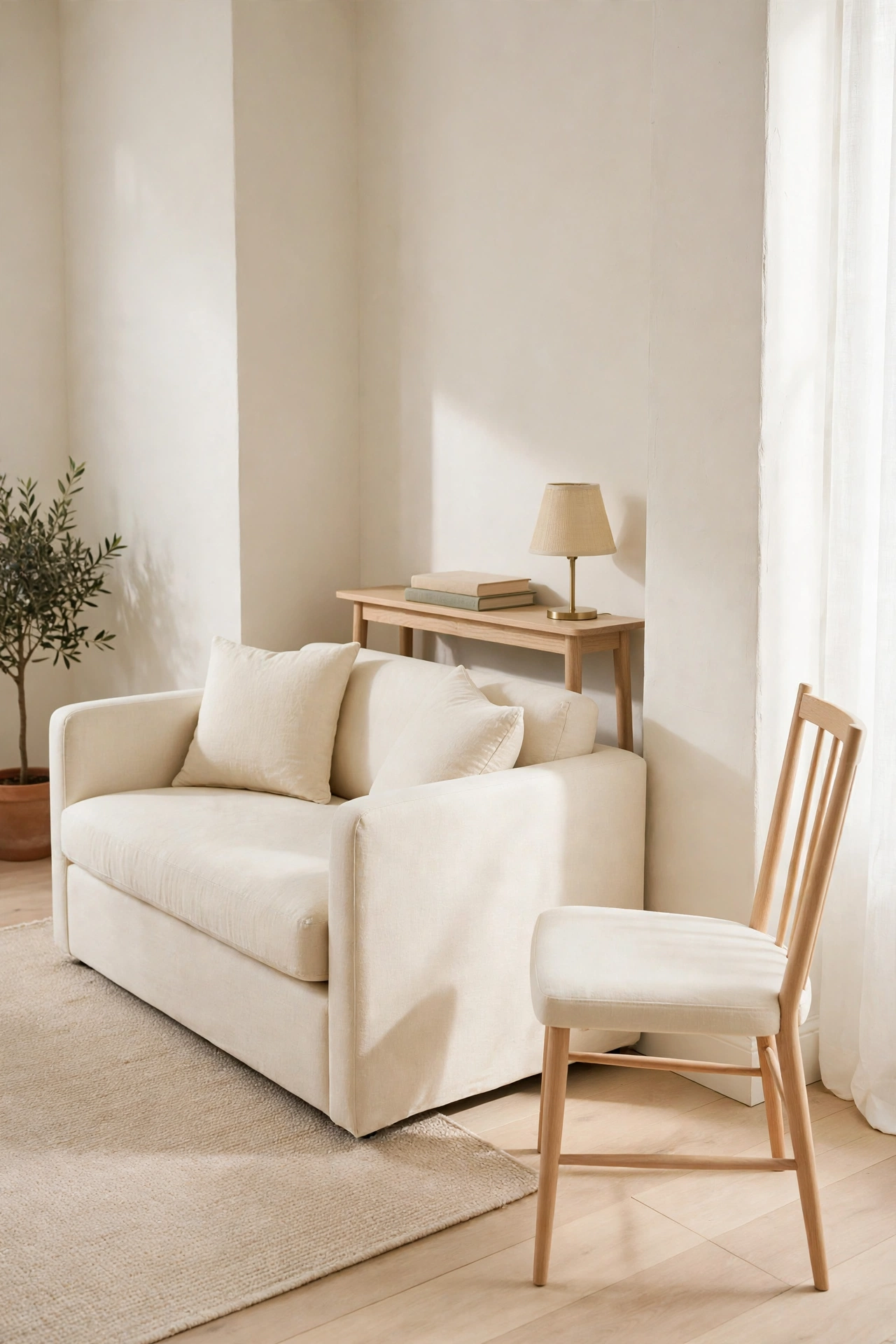 Cream sofa pulled a few inches off the wall with a narrow console behind in a small living room