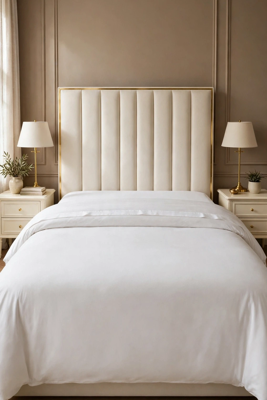 Top of the duvet and sheet folded down in one straight white band across the upper part of the bed