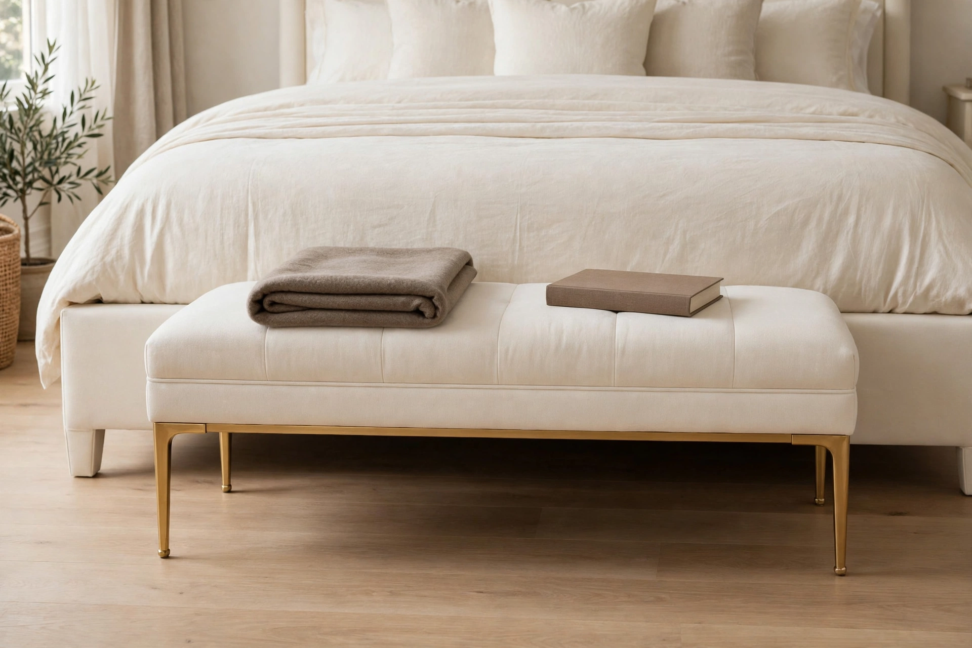 Cream upholstered bench with gold legs and a folded taupe throw at the foot of a luxury bed