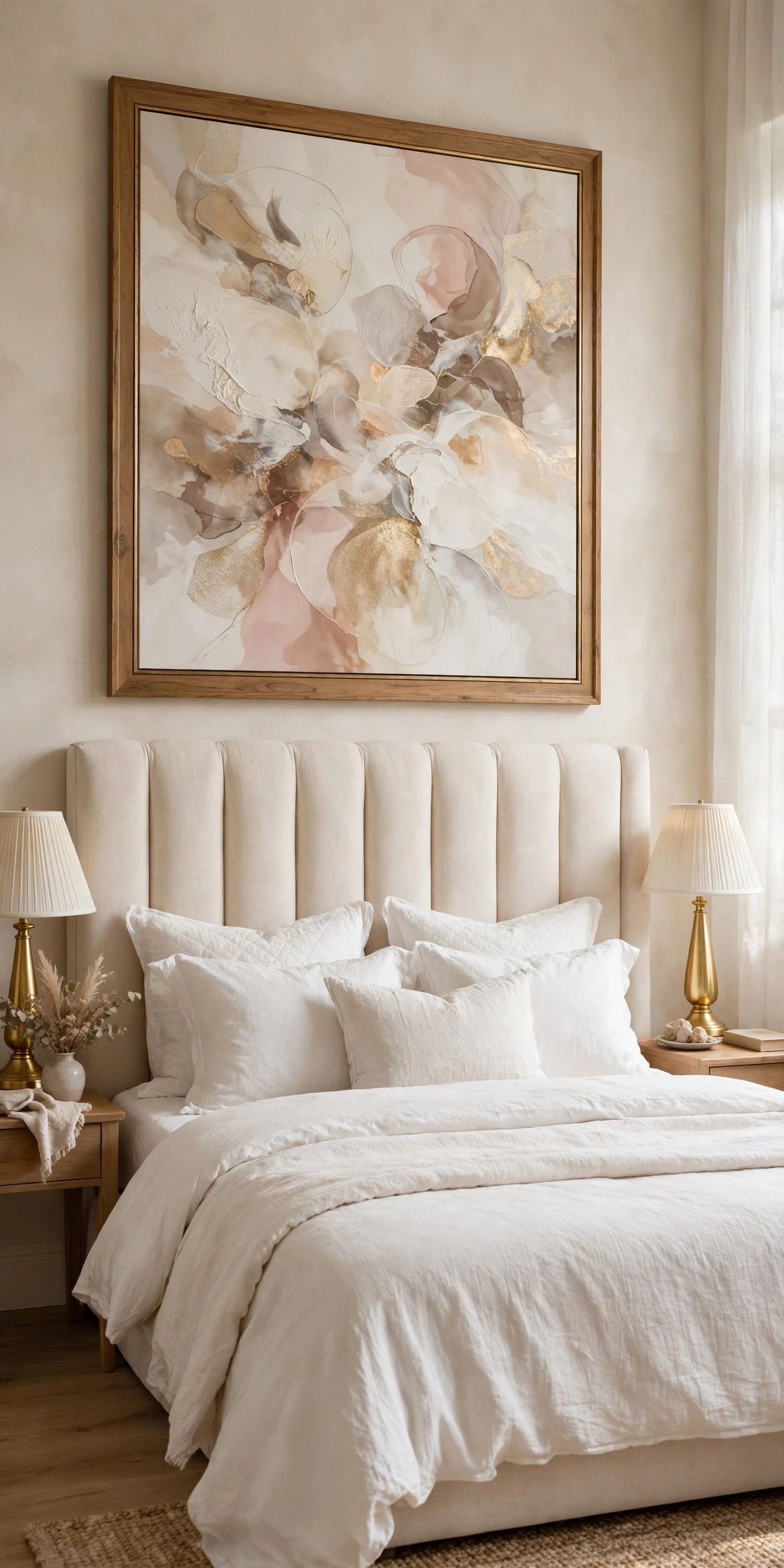 One large framed artwork in cream, blush, and gold tones centered above the upholstered headboard of a glam bed