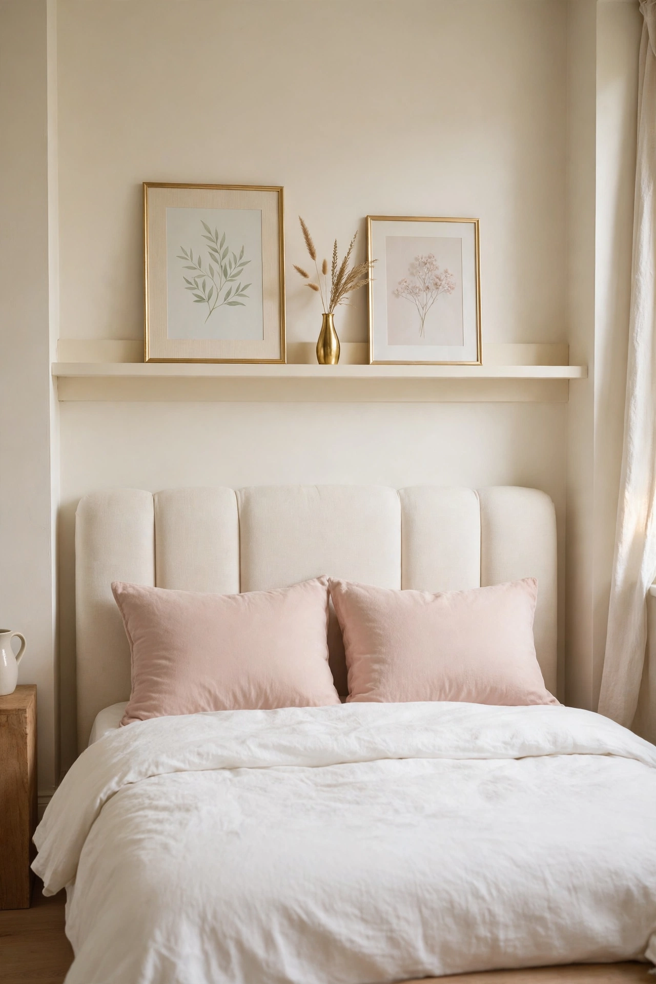 Shallow cream picture ledge mounted above the headboard holding two framed prints and a small gold vase