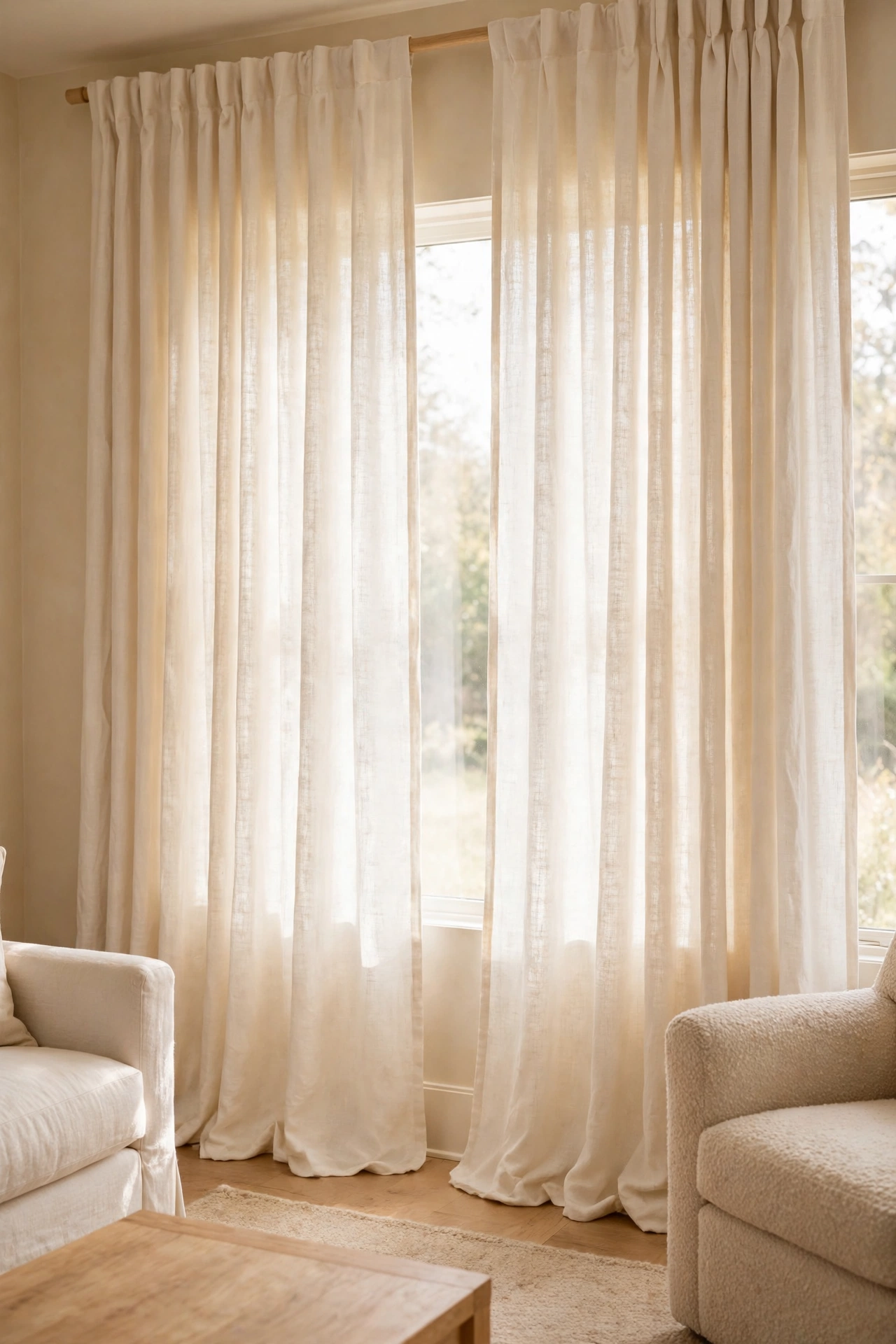 Warm white linen curtains hanging full length beside tall windows in a cozy neutral living room