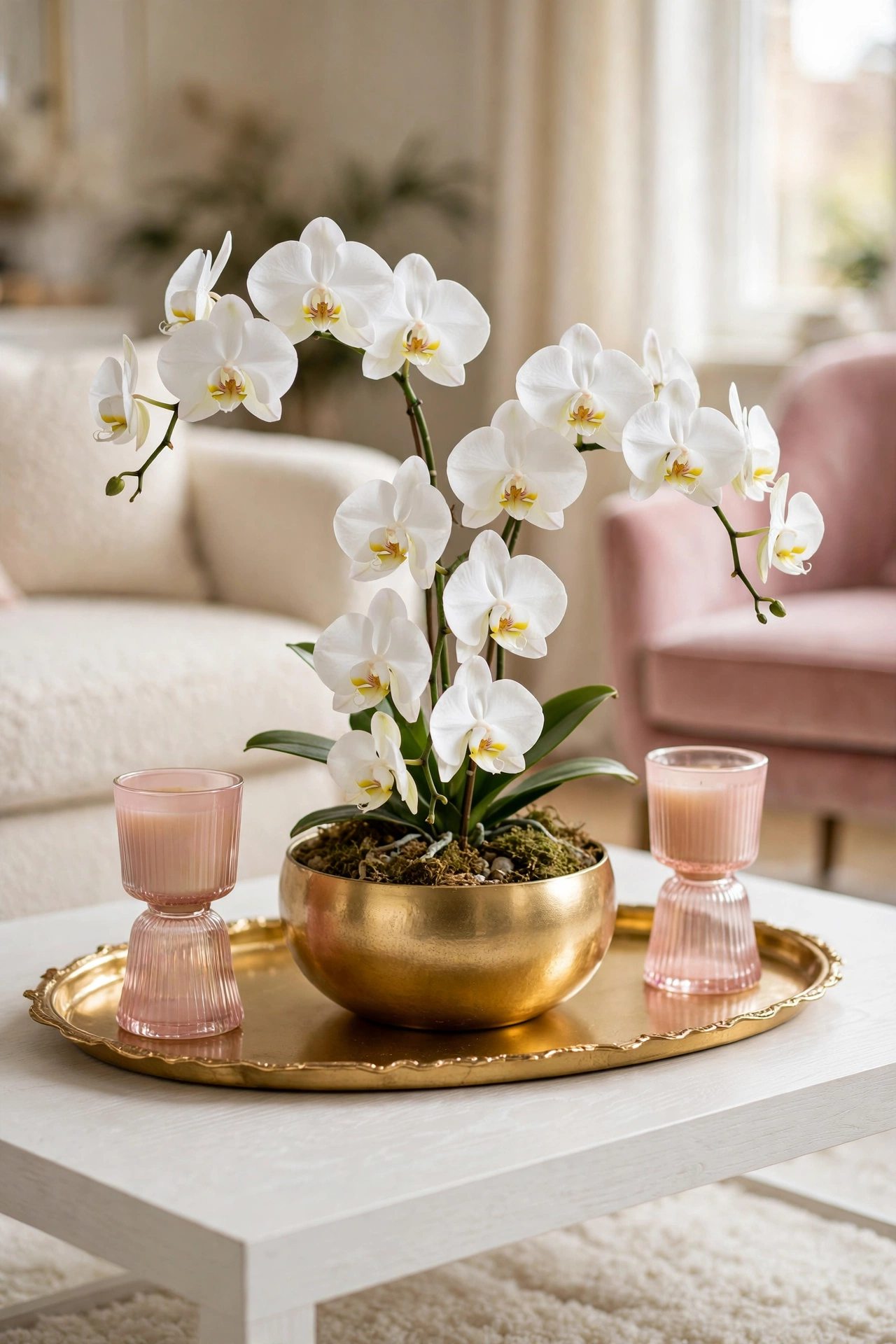 White orchid in a gold bowl on a coffee table tray with blush candles beside it