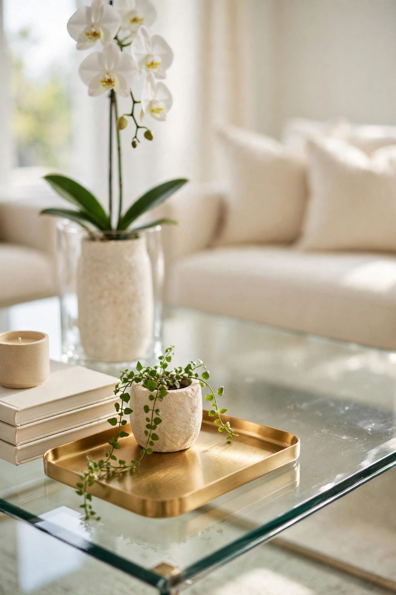 Small green plant in a cream stone pot adding life to a styled coffee table