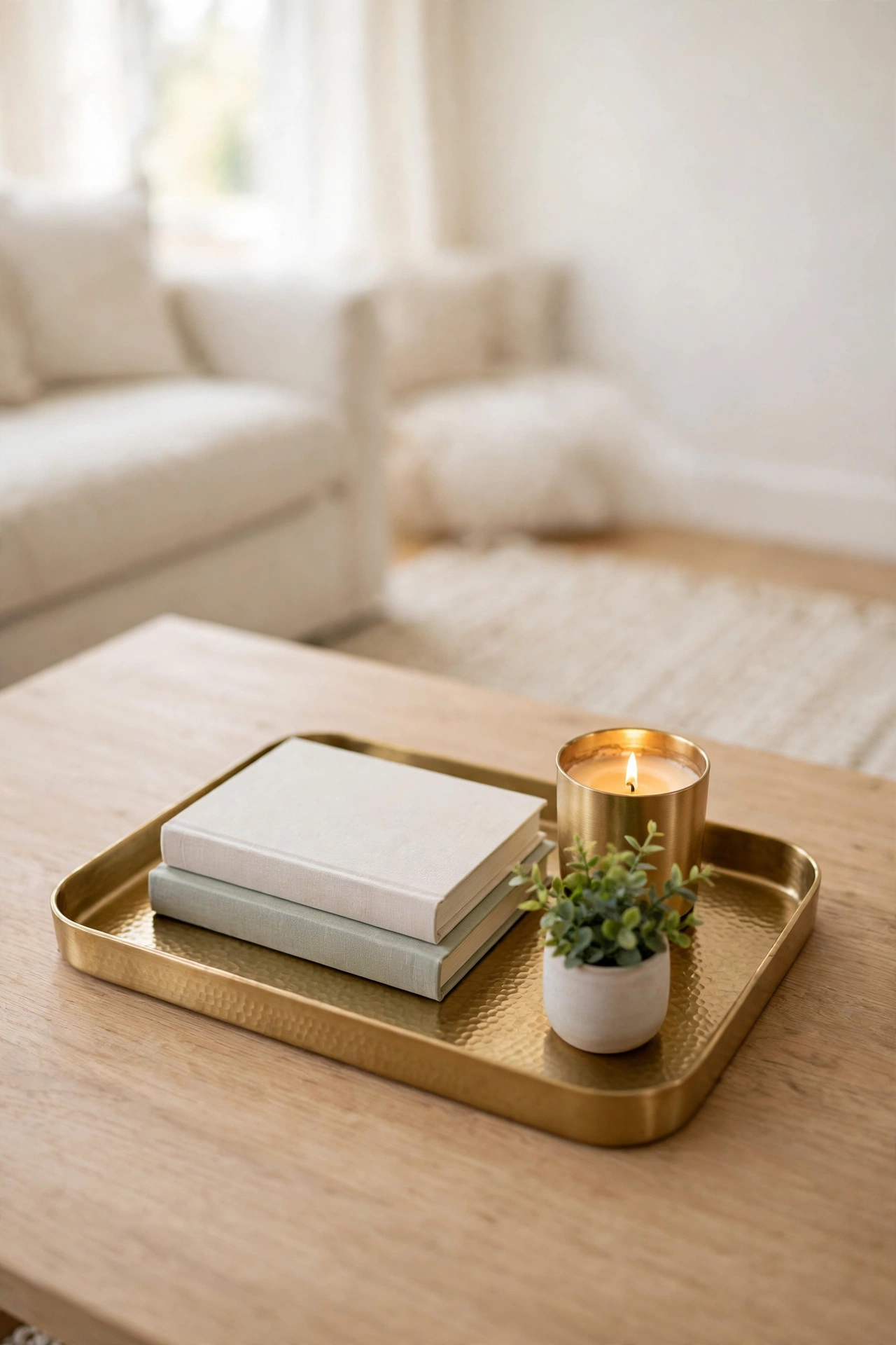 Gold tray with stacked books, a candle, and a small plant styled on a coffee table