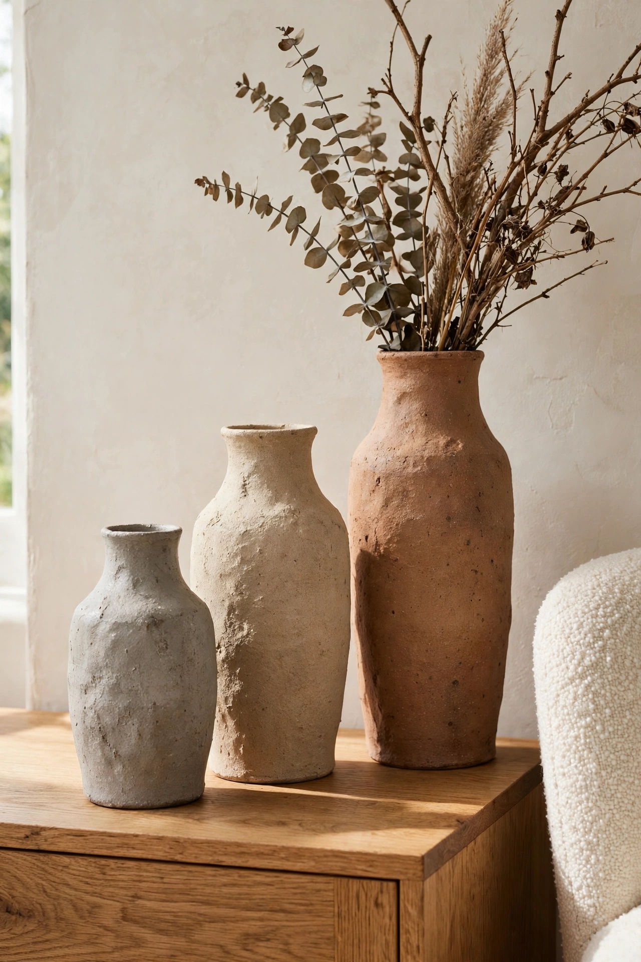 Group of three handmade ceramic vases in stone and clay tones on an oak sideboard