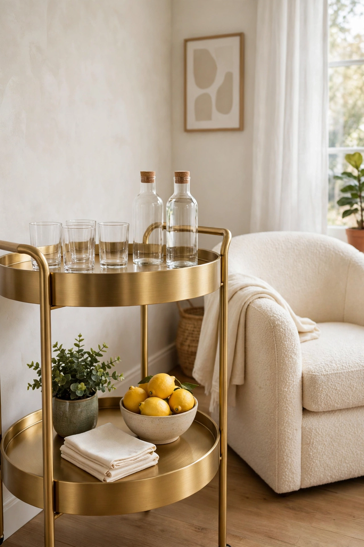 Two tier gold drinks cart styled in a living room corner with glassware, a small plant, and a cream armchair beside it