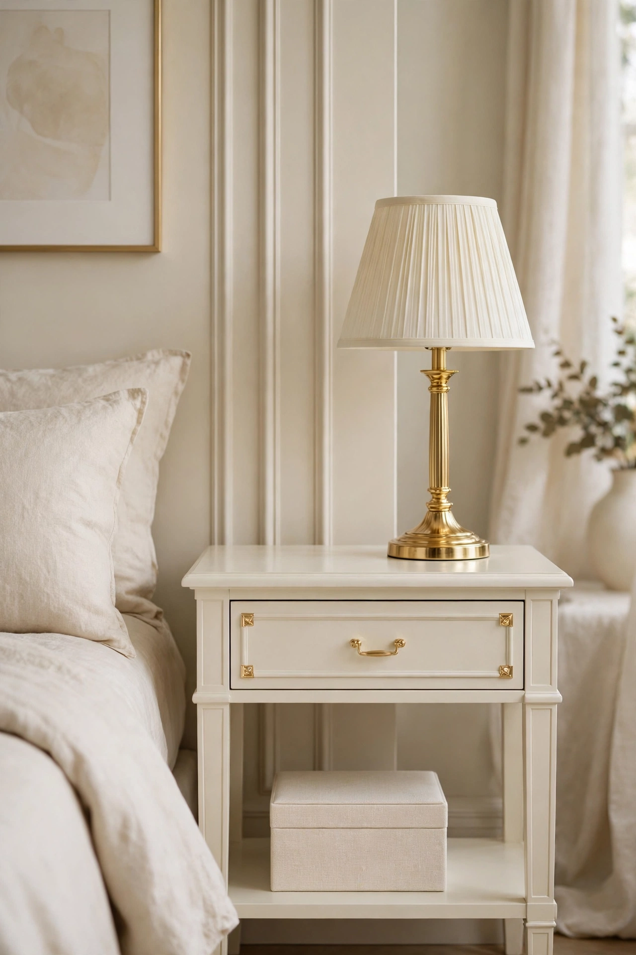 Calm glam bedside with lamp cord hidden and a closed cream storage box on the nightstand shelf, no cables visible