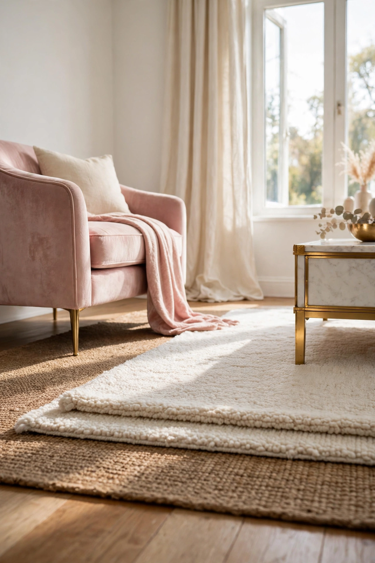 Fluffy ivory rug layered over a flat woven beige rug under a curved cream sofa and coffee table