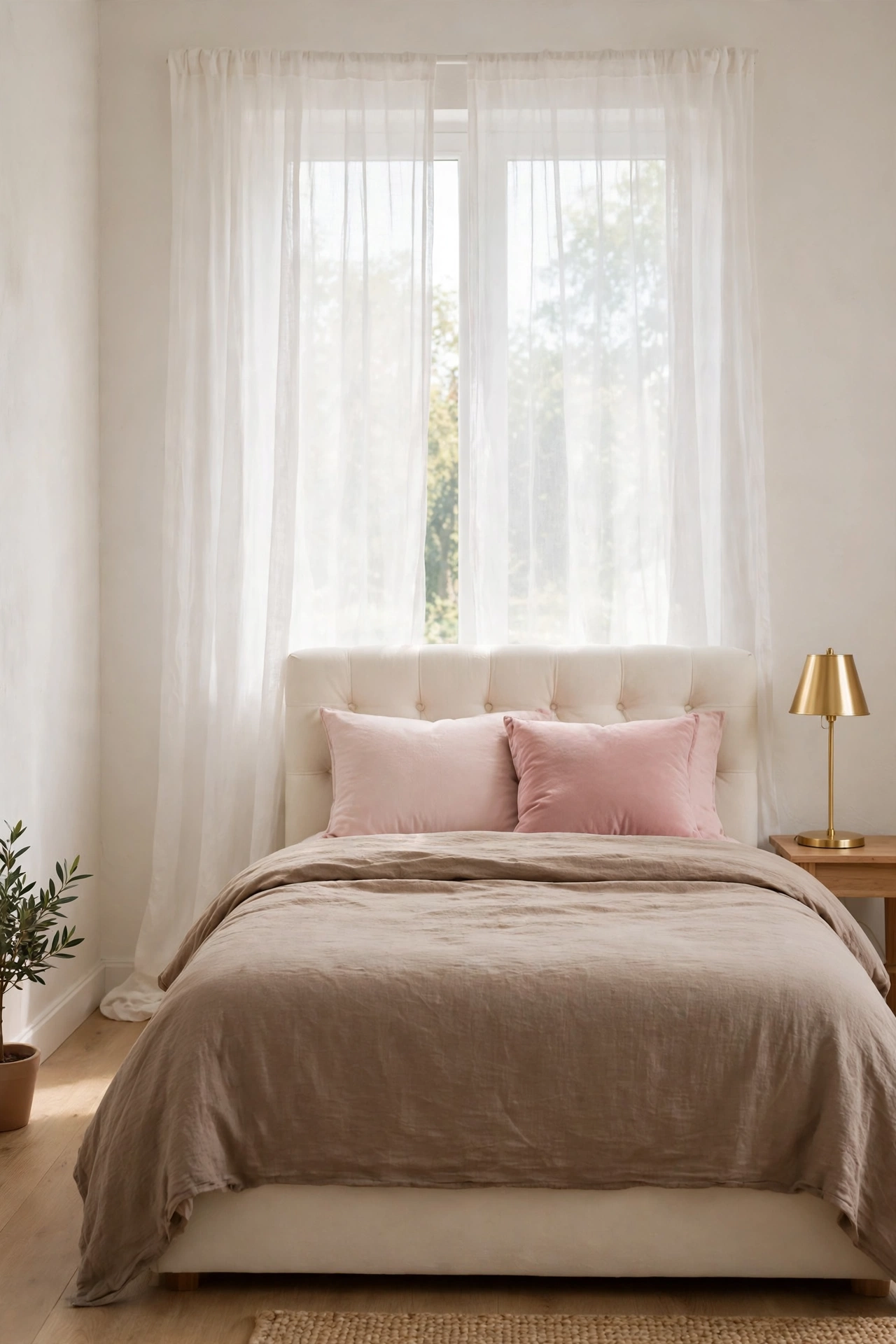 Small bedroom in three light tones of white, cream, and warm taupe across walls, bedding, and curtains with blush pillows