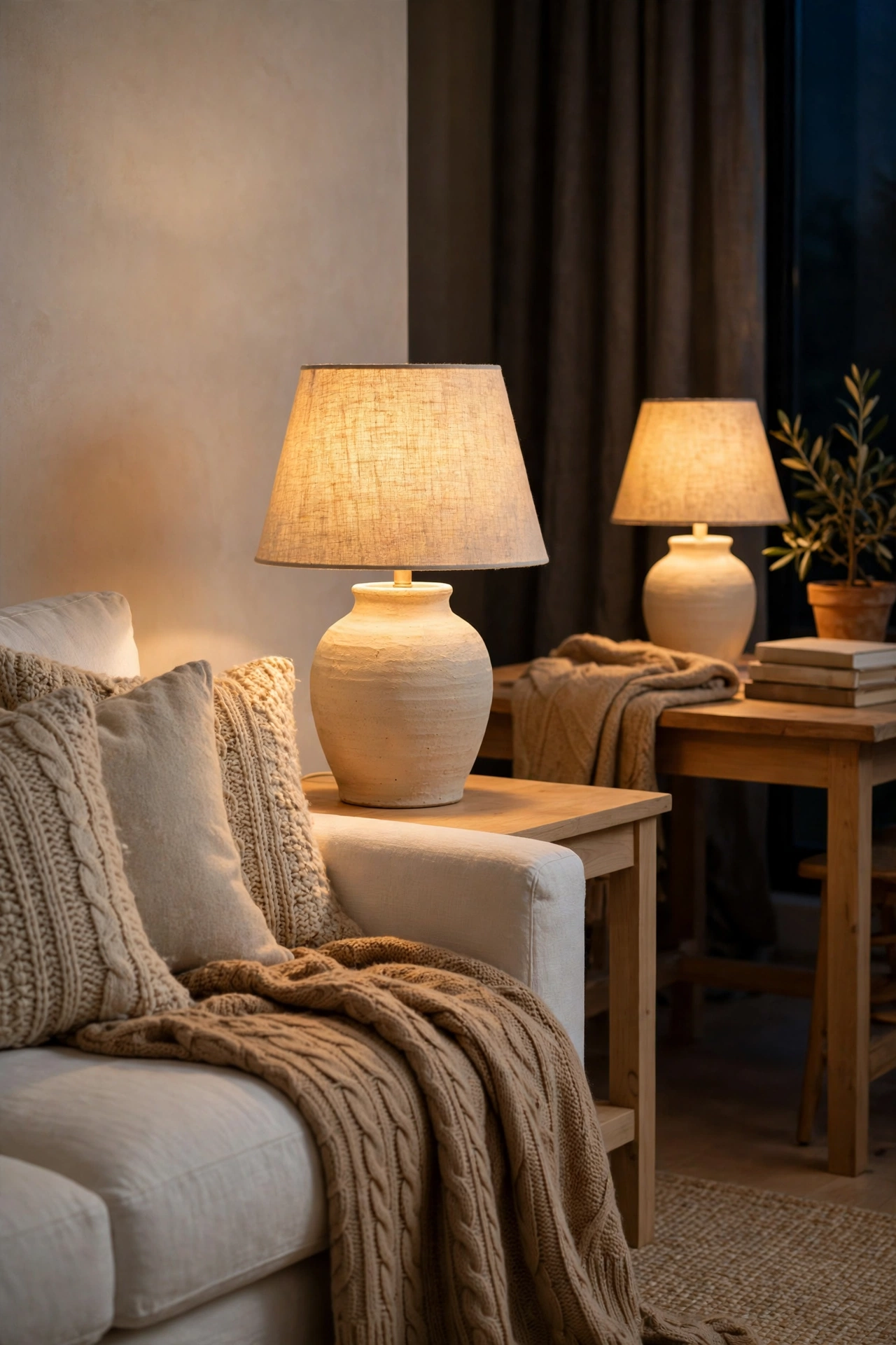 Table lamp with a natural linen shade glowing warm beside a cream sofa and beige chair