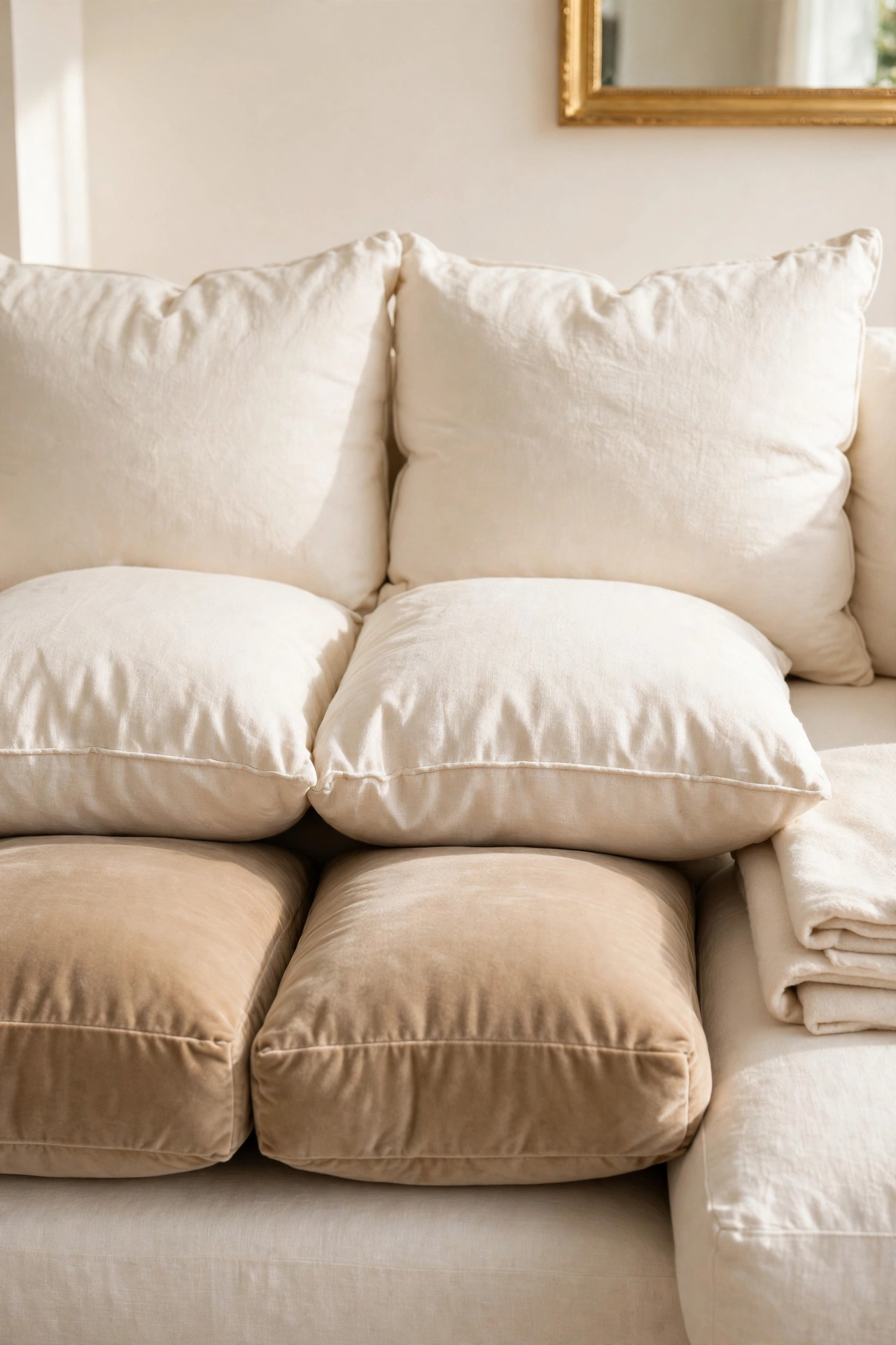 Plump linen cushions with full inserts arranged in pairs on a cream sofa