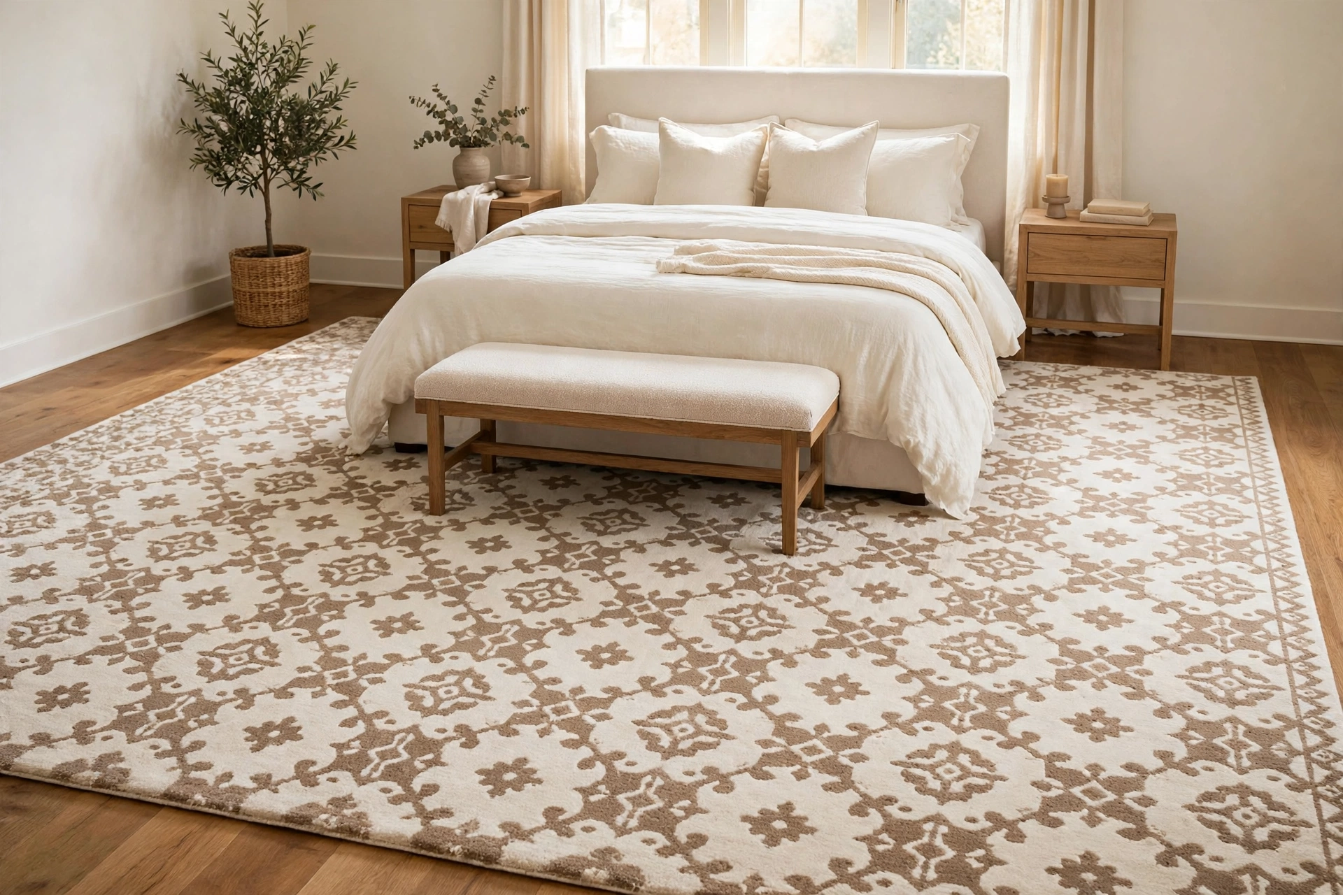 Large cream and taupe rug anchoring a luxury bed with space showing on both sides