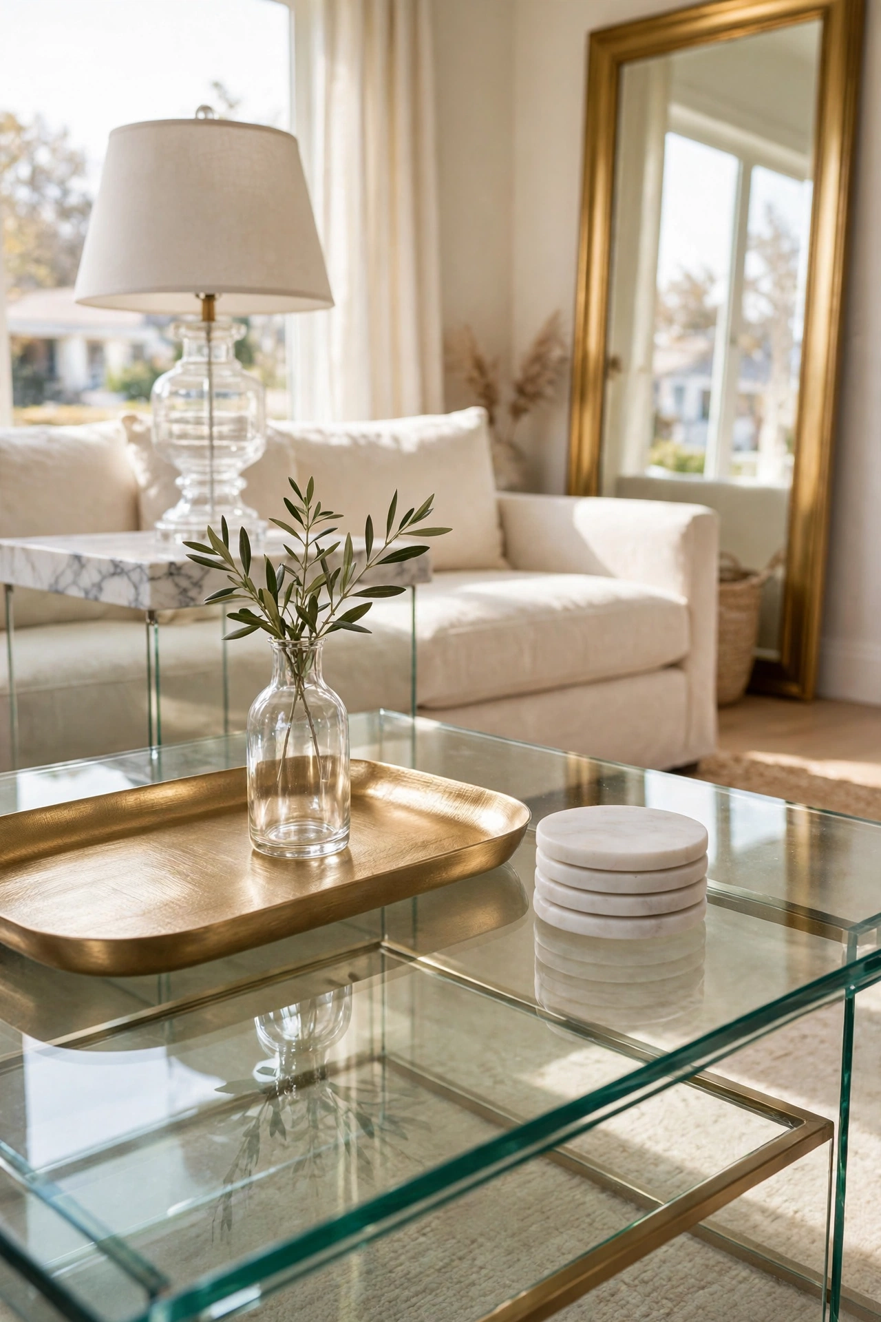 Coffee table styling repeating the room gold mirror frame, glass, and marble in its tray, vase, and objects