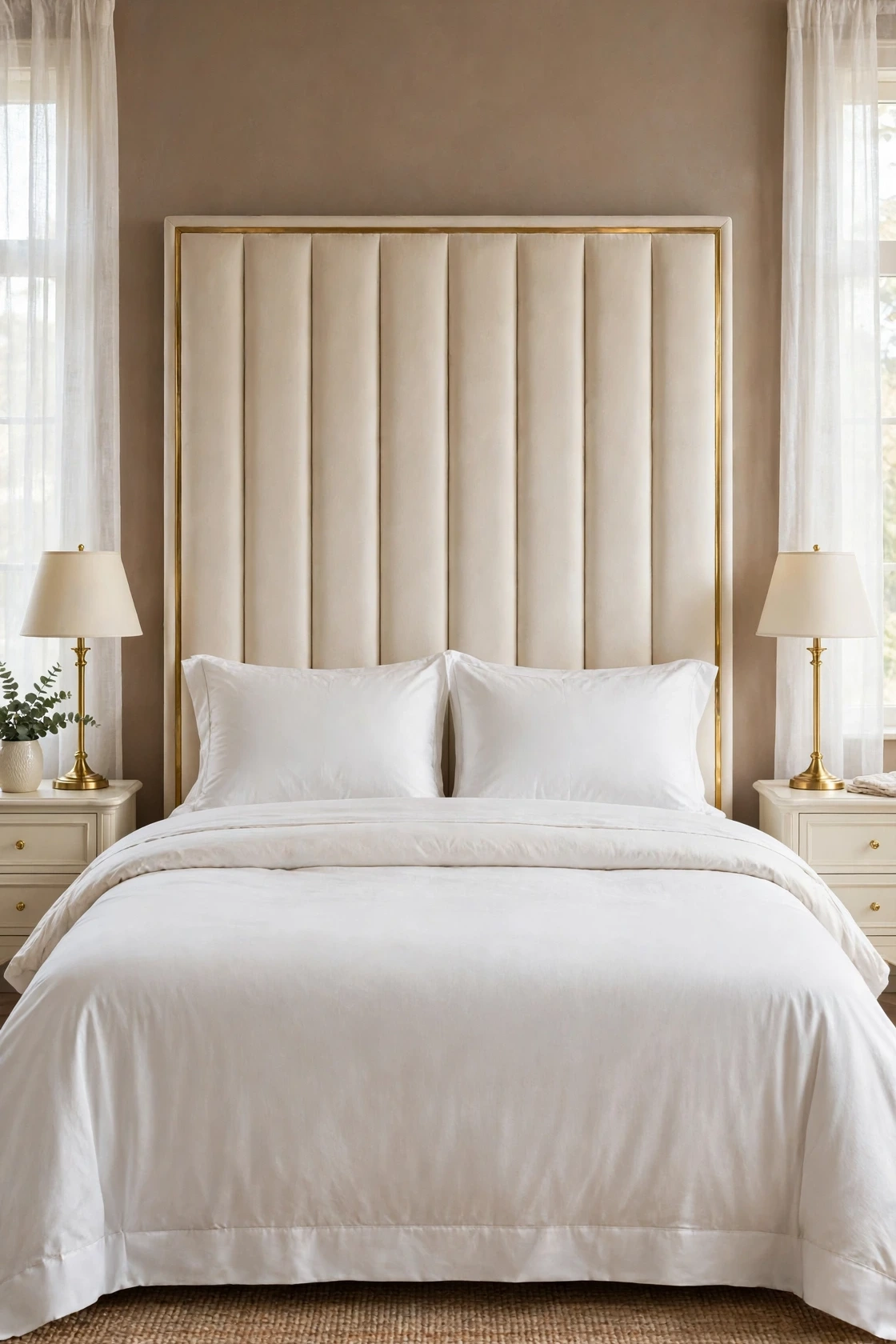 Two plump white sleeping pillows with smooth cases standing on the bed in front of the headboard