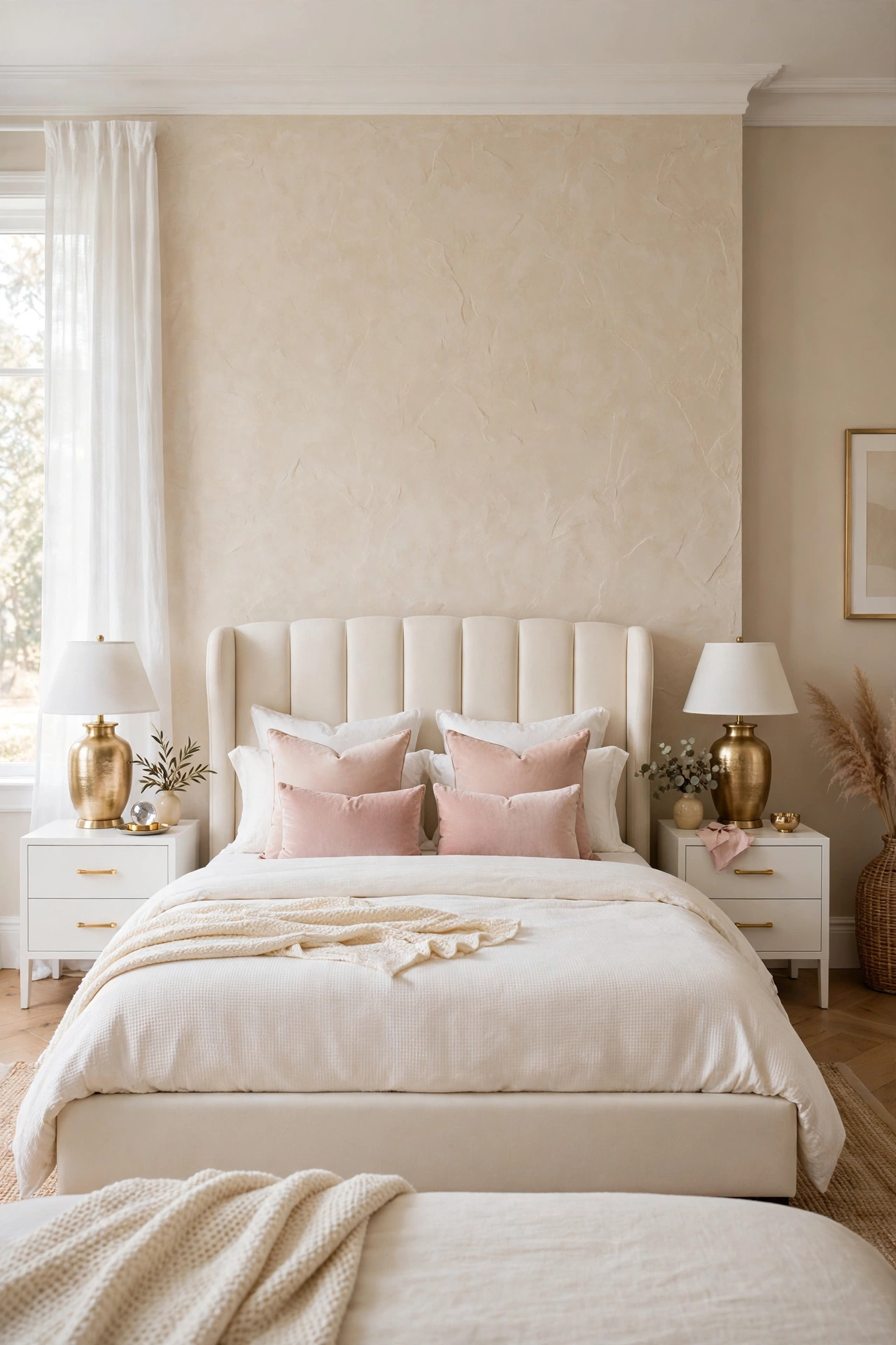 Matte stone look plaster wall in warm cream behind an ivory bed with cream and blush bedding