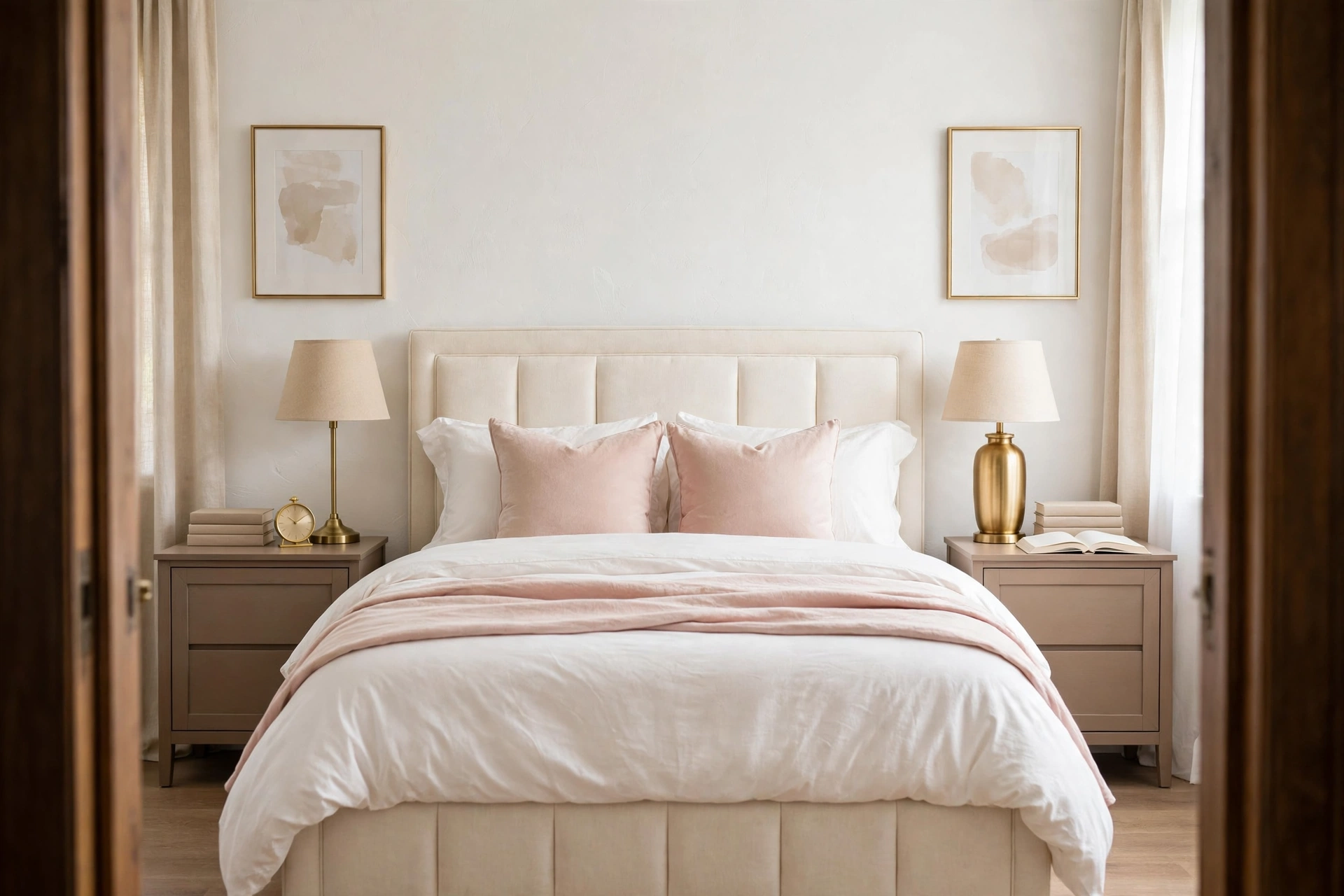 Matching pair of nightstands with matching gold lamps and book stacks on both sides of a cream bed