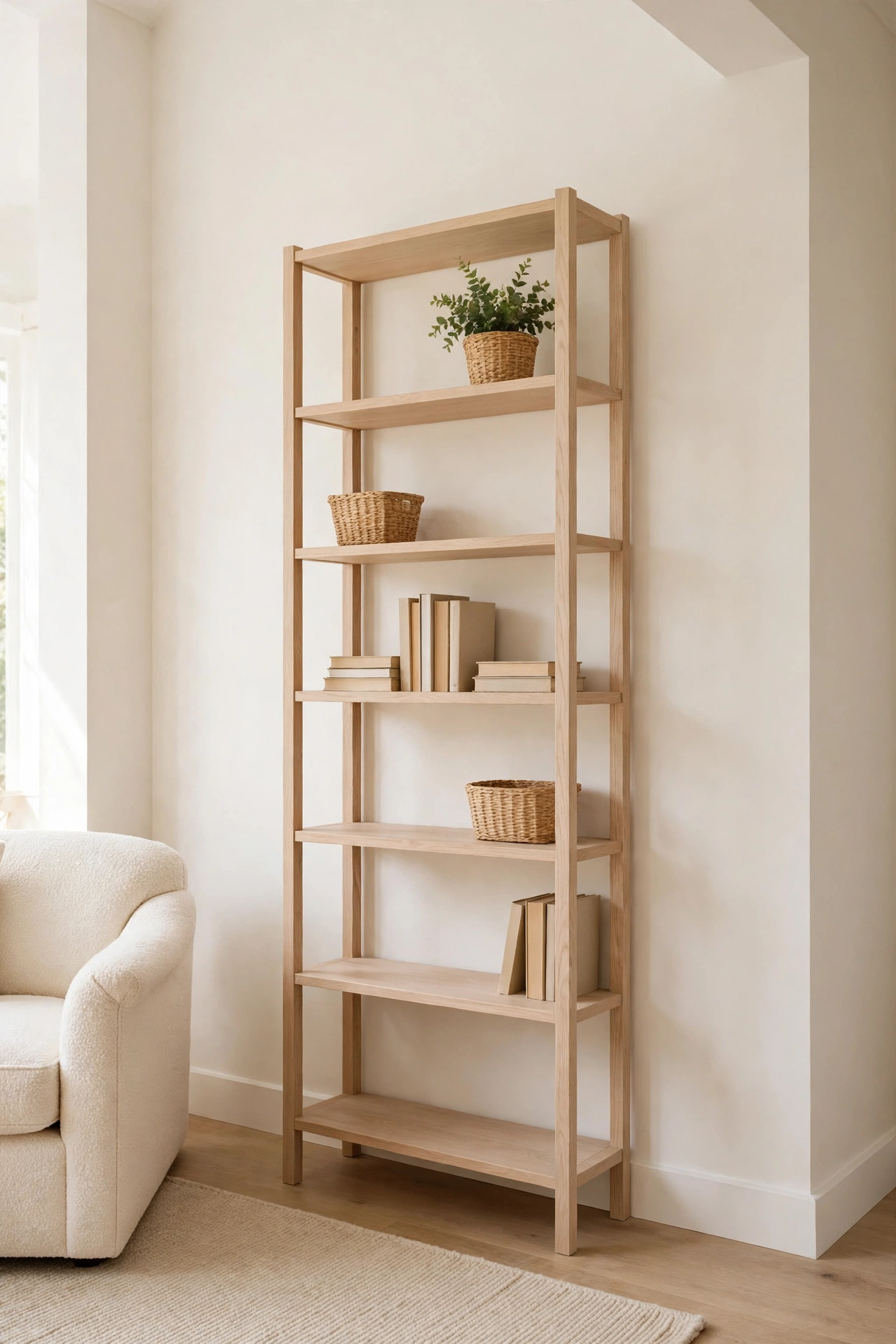 Tall narrow light oak bookcase reaching toward the ceiling in a small living room