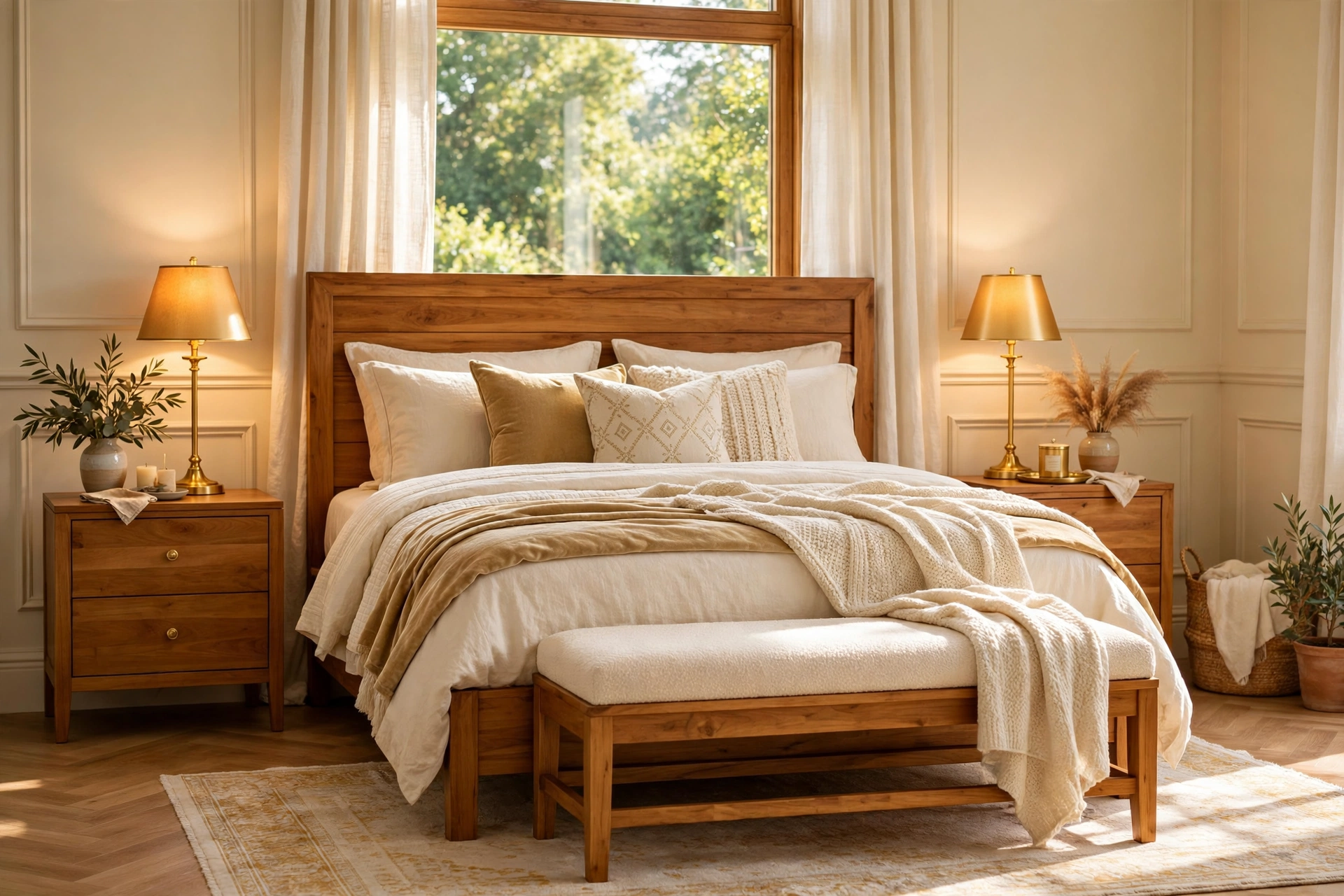 Warm wood nightstands and a matching bed bench adding honey tones to a cream and gold bedroom
